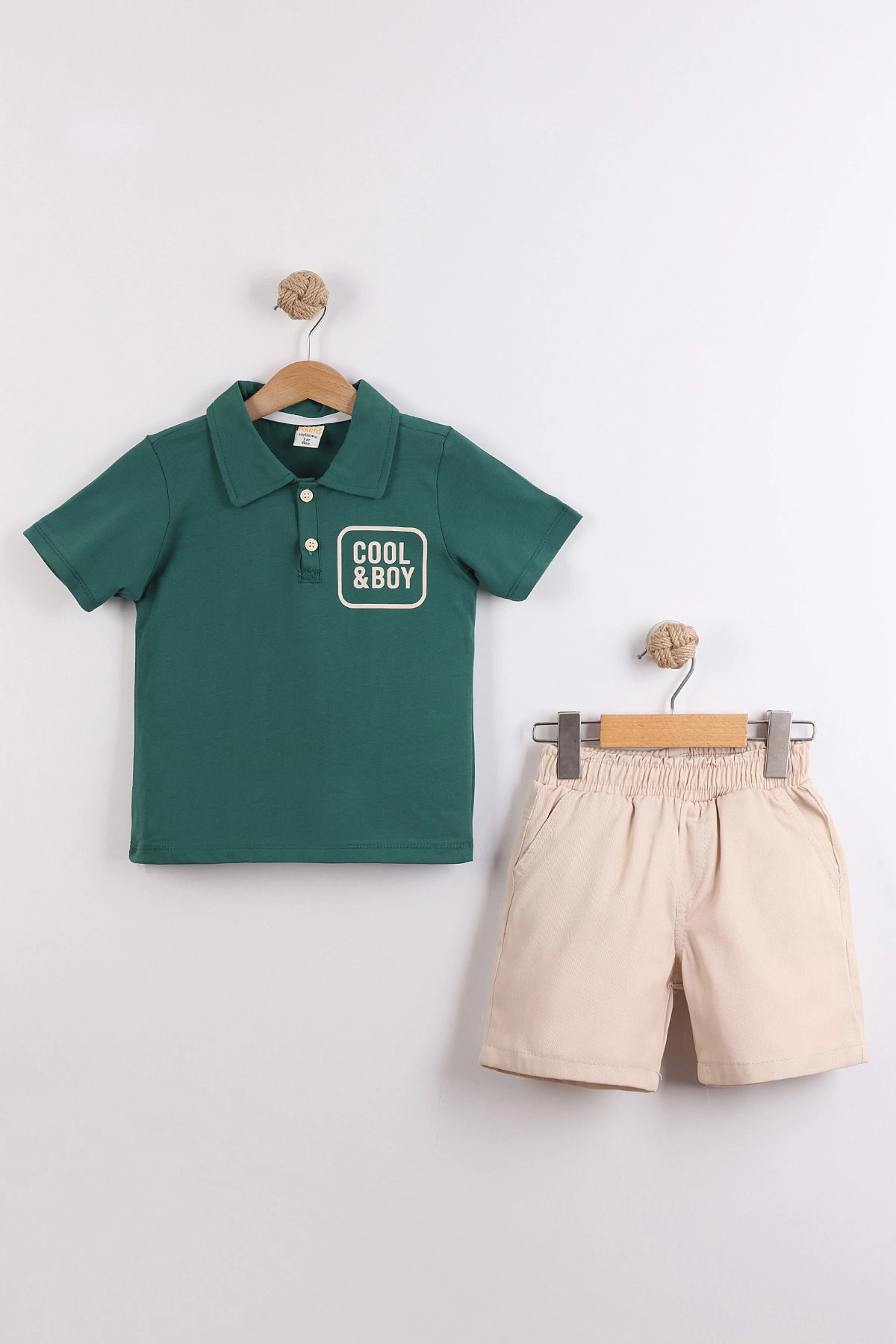 Zümrüt Yeşili (2-10  Yaş) Polo Yaka Cool Boy Baskılı Tişörtlü Gabardin Şortlu Erkek Çocuk Yazlık 2'li Takım 454610