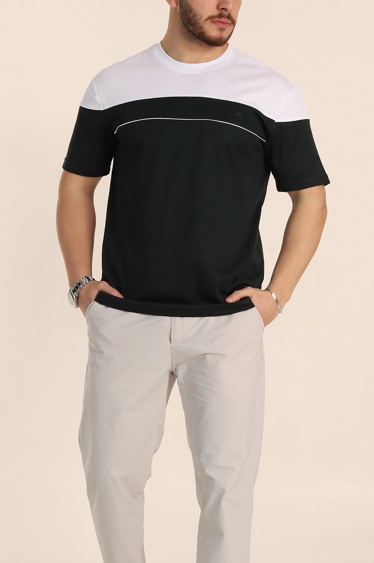 Zümrüt Yeşili Beyaz Çift Renk Regular Fit Jakarlı Erkek Tişört 346243