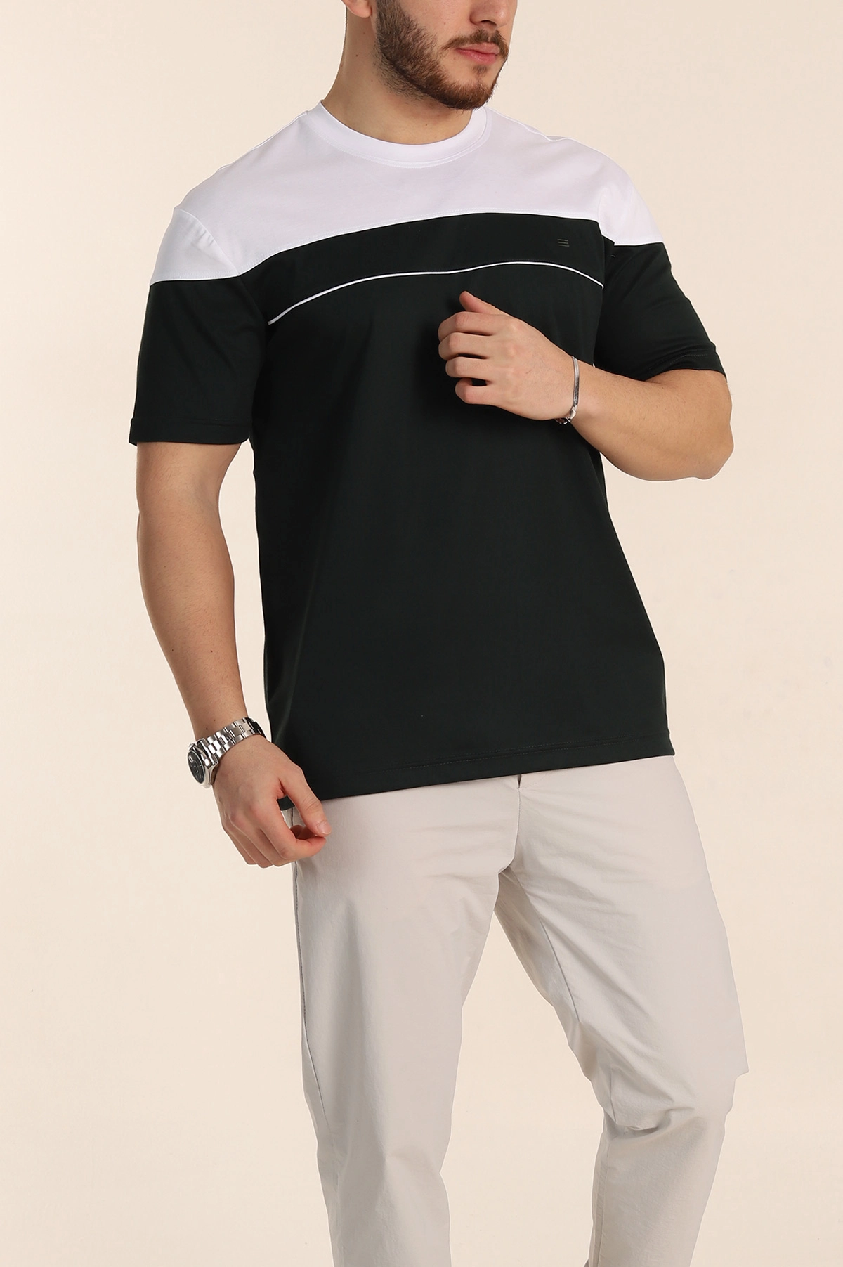 Zümrüt Yeşili Beyaz Çift Renk Regular Fit Jakarlı Erkek Tişört 346243