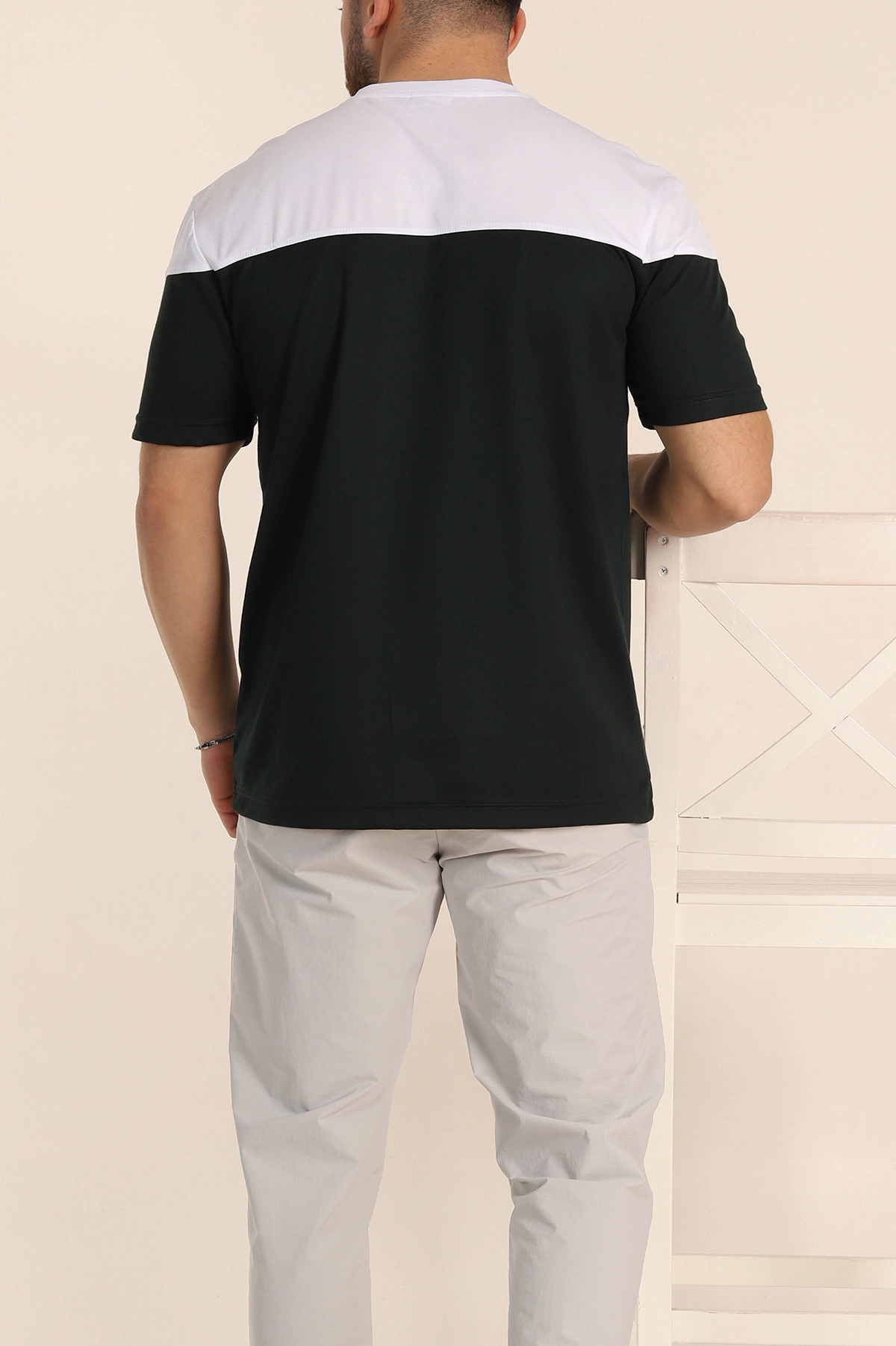 Zümrüt Yeşili Beyaz Çift Renk Regular Fit Jakarlı Erkek Tişört 346243