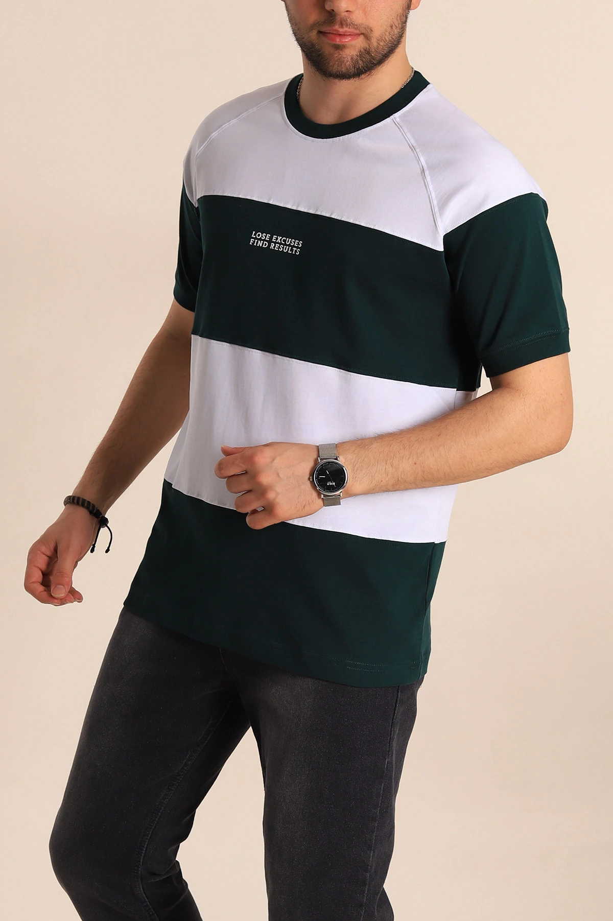 Zümrüt Yeşili Beyaz Regular Fit Yazı Detay Reglan Kol Erkek Tişört 262958