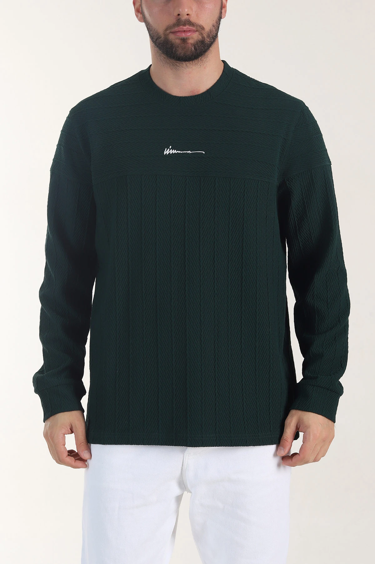 Zümrüt Yeşili Bisiklet Yaka Dokulu Nakış Detaylı Erkek Sweatshirt 406944