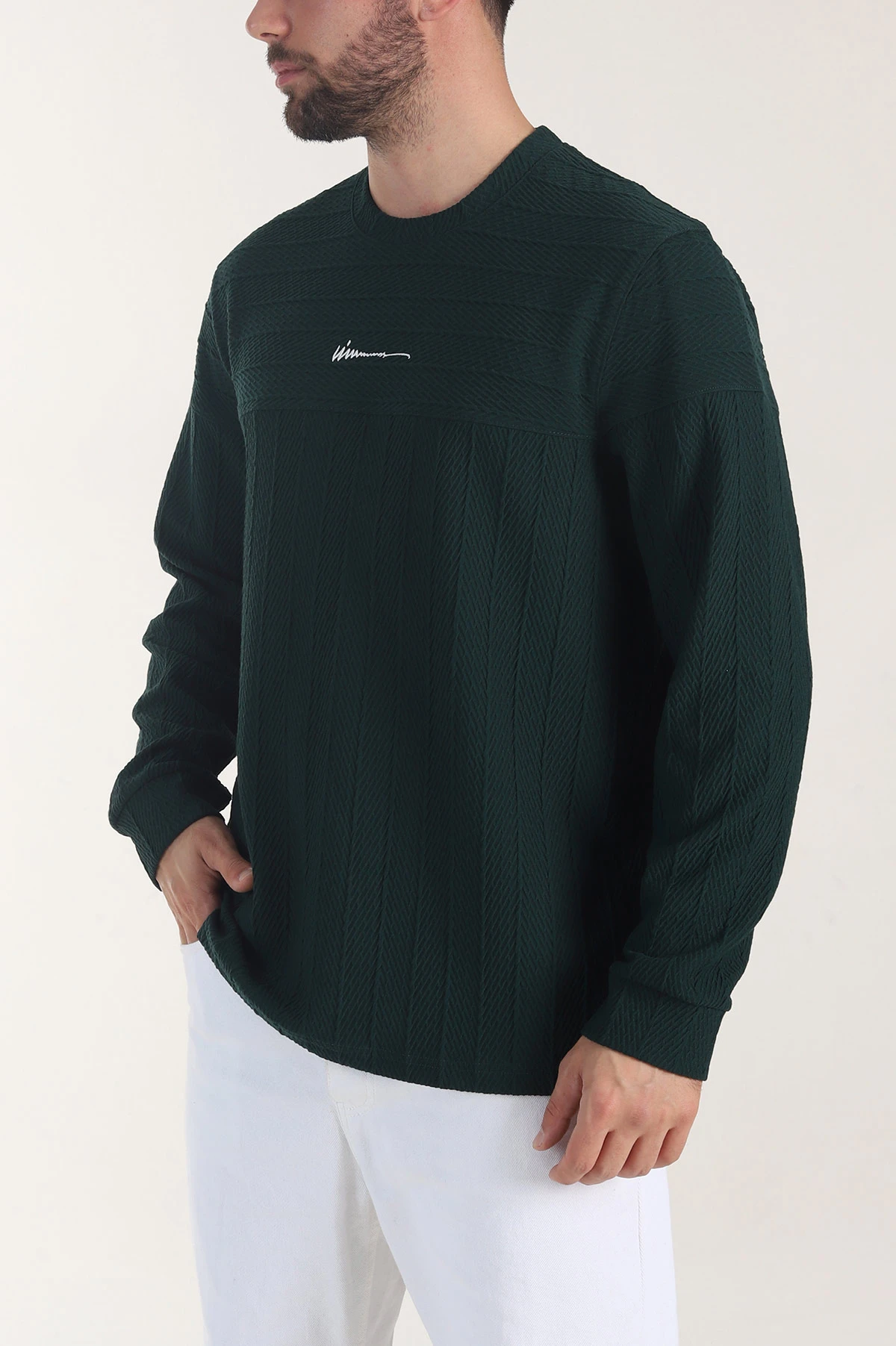 Zümrüt Yeşili Bisiklet Yaka Dokulu Nakış Detaylı Erkek Sweatshirt 406944