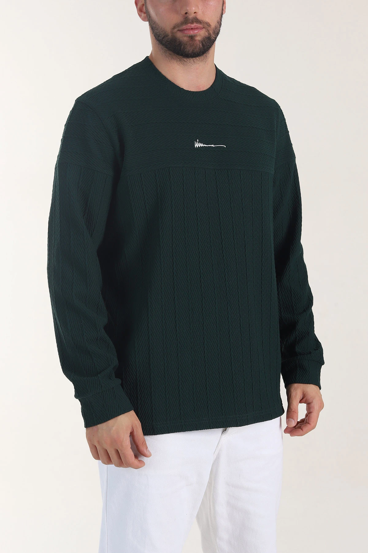 Zümrüt Yeşili Bisiklet Yaka Dokulu Nakış Detaylı Erkek Sweatshirt 406944
