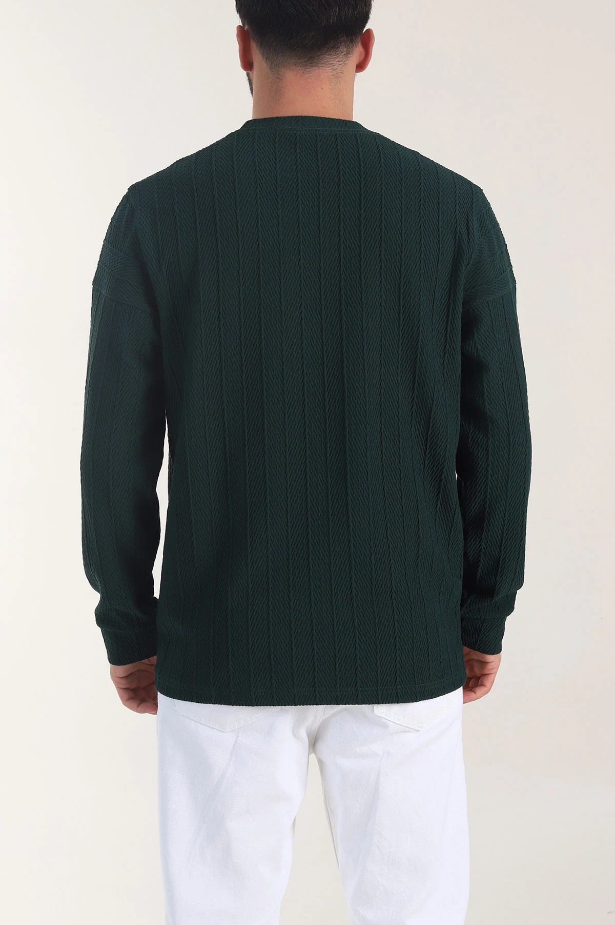 Zümrüt Yeşili Bisiklet Yaka Dokulu Nakış Detaylı Erkek Sweatshirt 406944