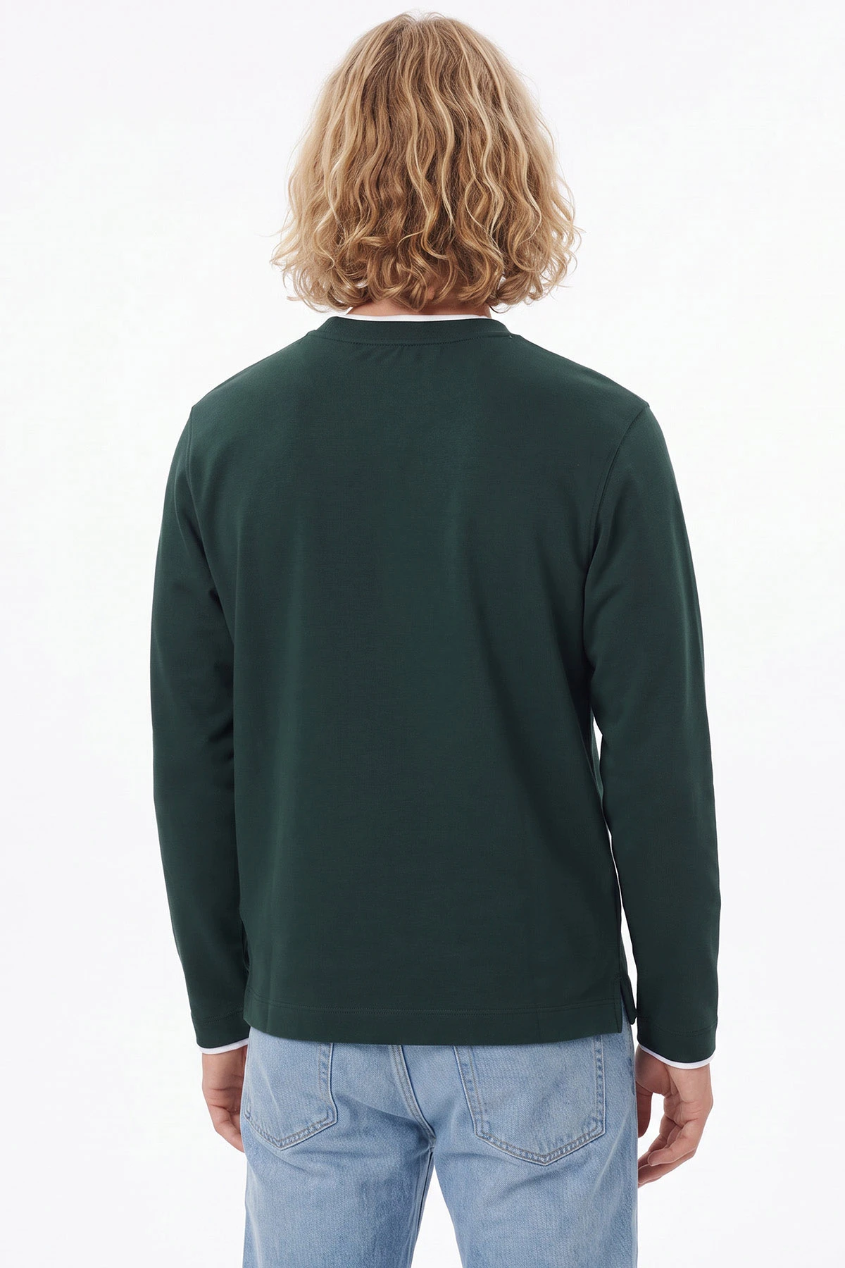 Zümrüt Yeşili Bisiklet Yaka Nakış Detay Erkek Sweatshirt 492006