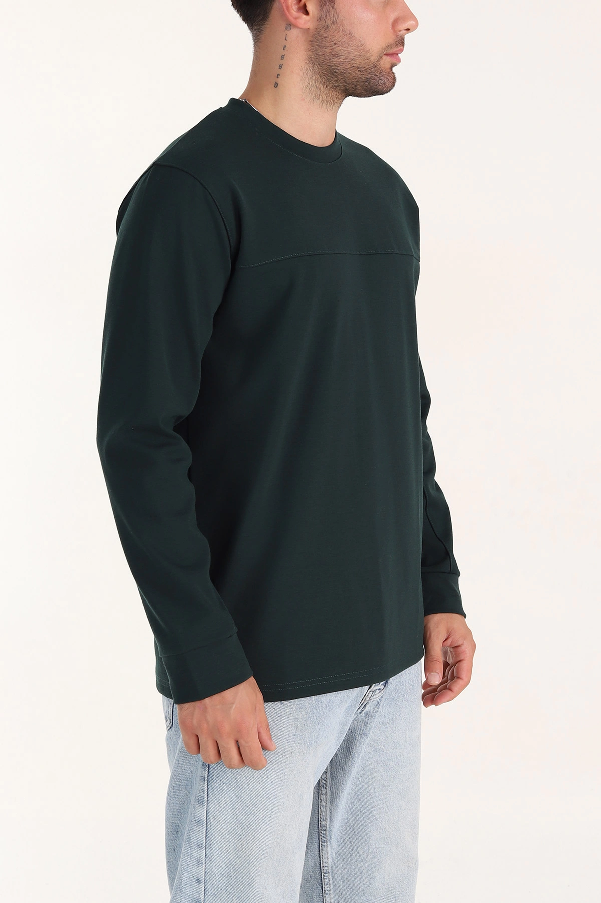Zümrüt Yeşili Bisiklet Yaka Uzun Kollu Erkek Sweatshirt 396898