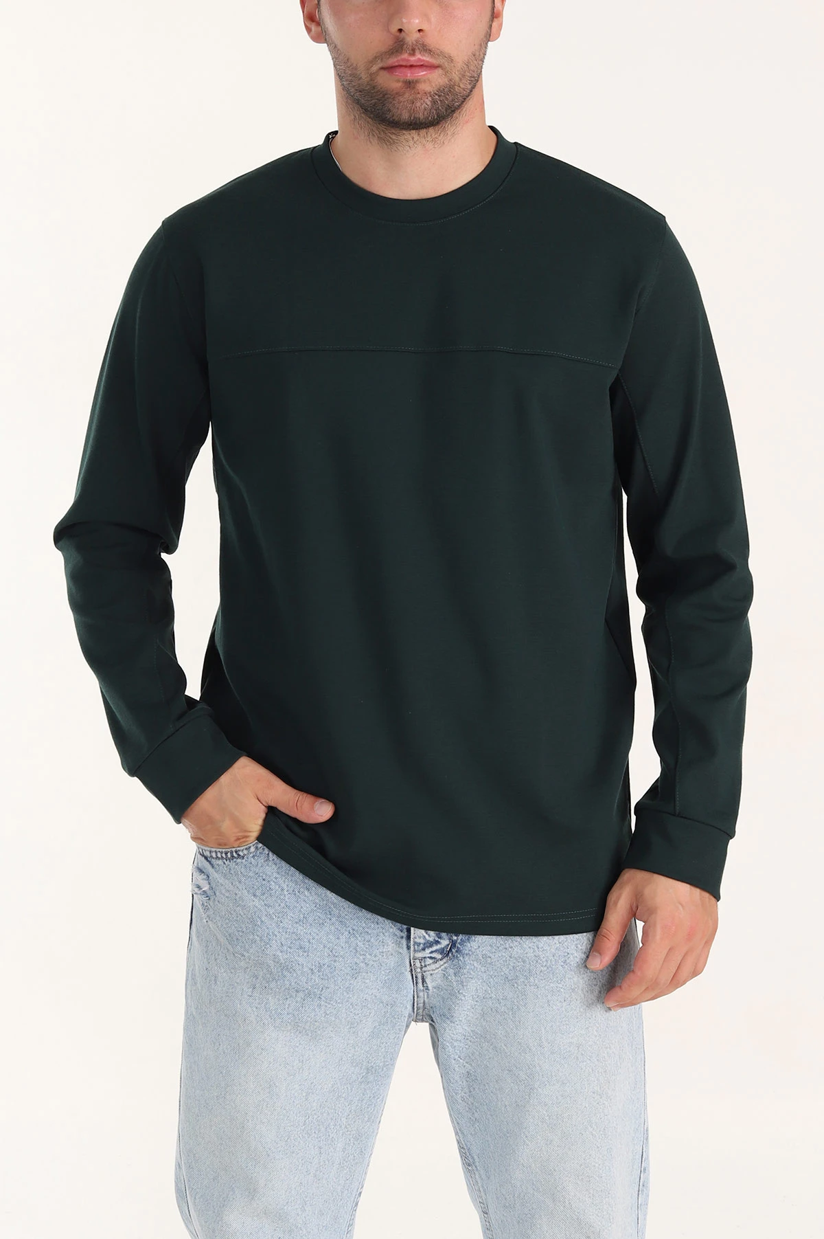 Zümrüt Yeşili Bisiklet Yaka Uzun Kollu Erkek Sweatshirt 396898