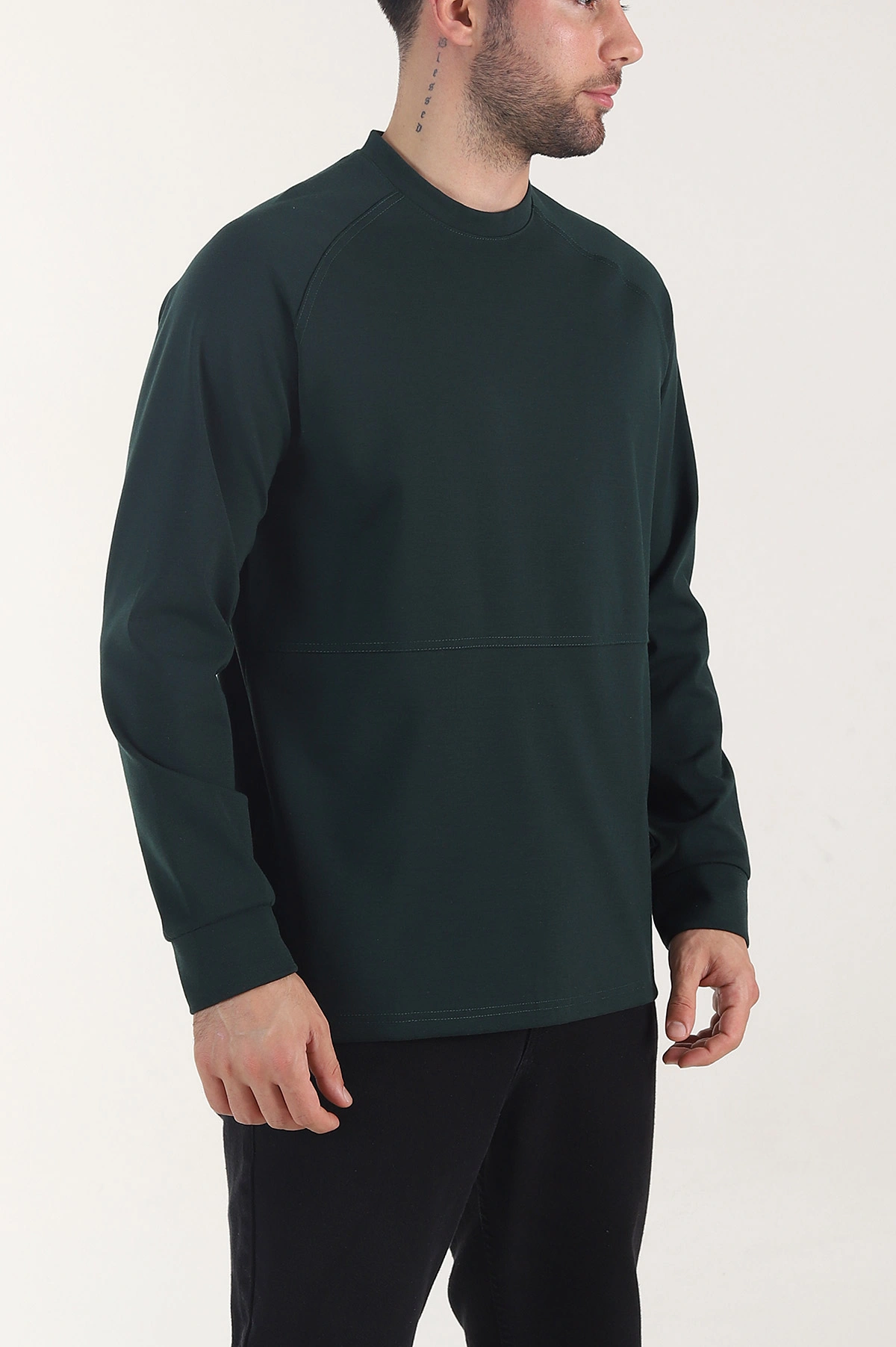 Zümrüt Yeşili Bisiklet Yaka Uzun Kollu Erkek Sweatshirt 408025