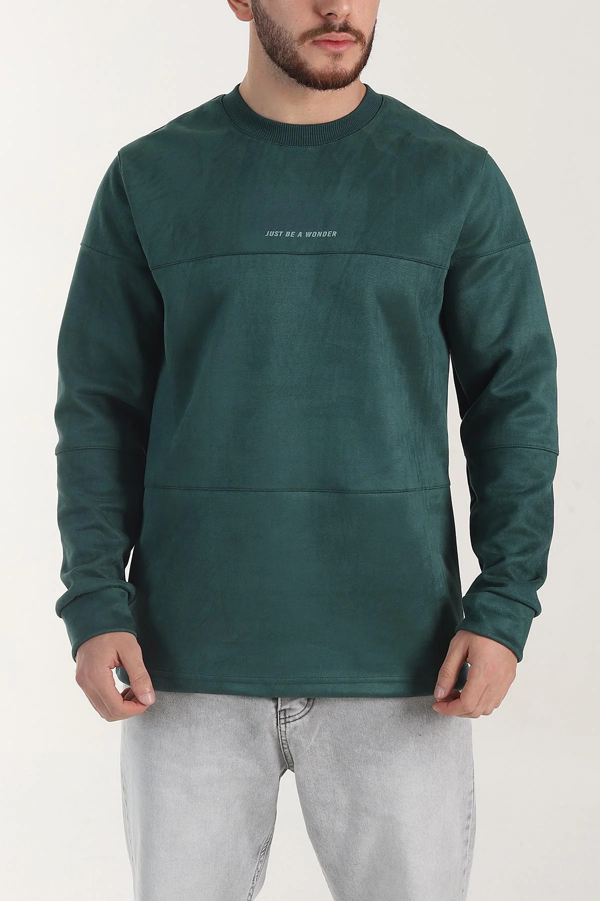 Zümrüt Yeşili Bisiklet Yaka Yazı Detaylı Erkek Sweatshirt 404791