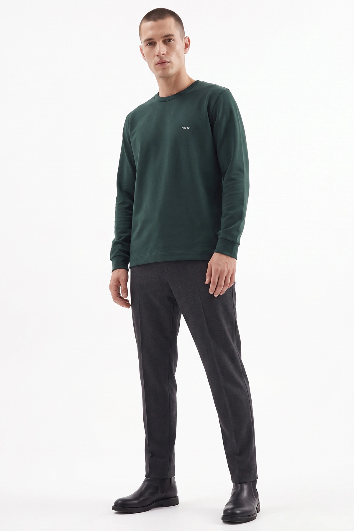 Zümrüt Yeşili Bisiklet Yaka Yazı Detaylı Erkek Sweatshirt 492041