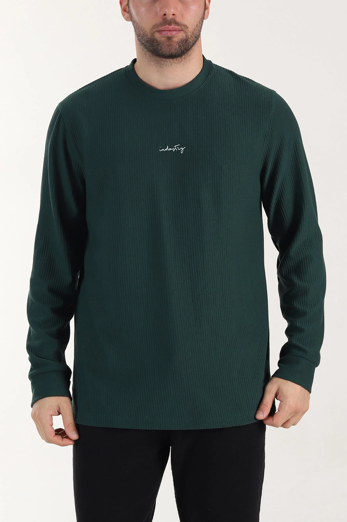 Zümrüt Yeşili Fitilli Bisiklet Yaka Yazı Detaylı Erkek Sweatshirt 408215