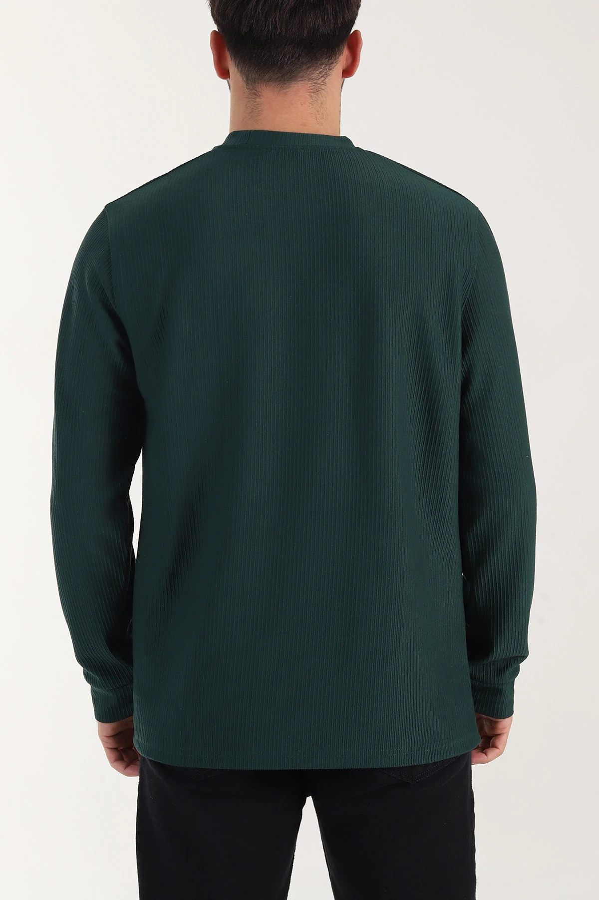 Zümrüt Yeşili Fitilli Bisiklet Yaka Yazı Detaylı Erkek Sweatshirt 408215