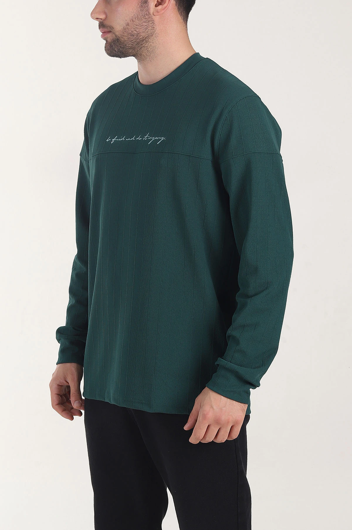 Zümrüt Yeşili Fitilli Nakışlı Bisiklet Yaka Erkek Sweatshirt 408031