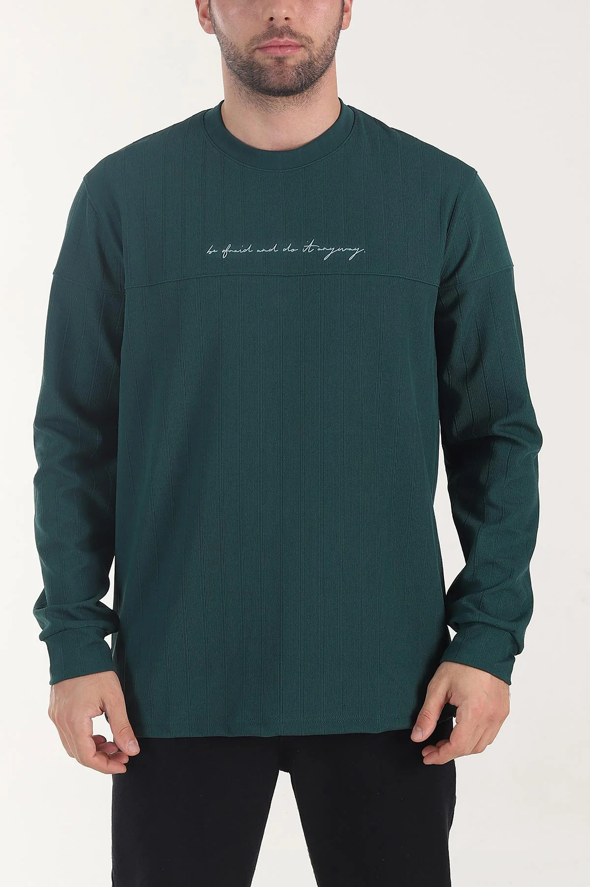 Zümrüt Yeşili Fitilli Nakışlı Bisiklet Yaka Erkek Sweatshirt 408031