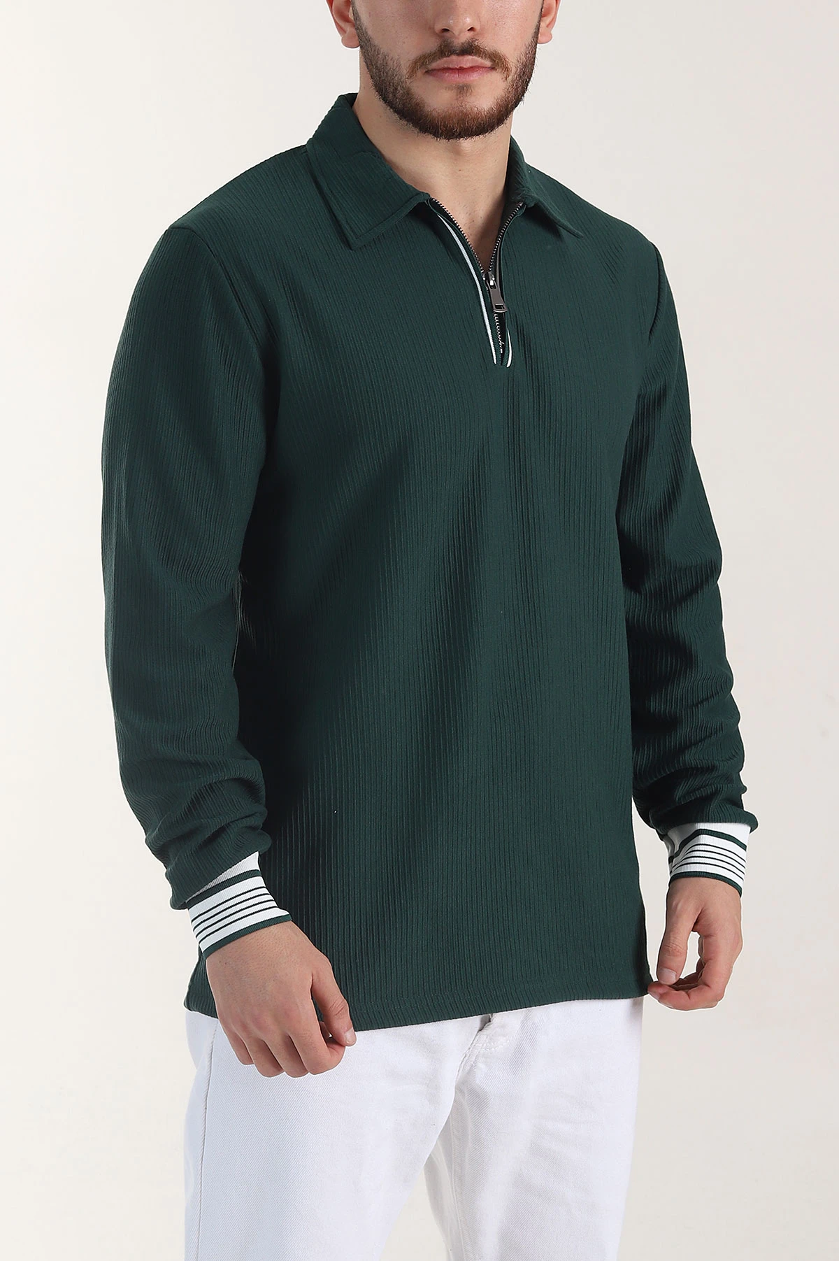 Zümrüt Yeşili Fitilli Yarım Fermuarlı Dik Yaka Erkek Sweatshirt 404807