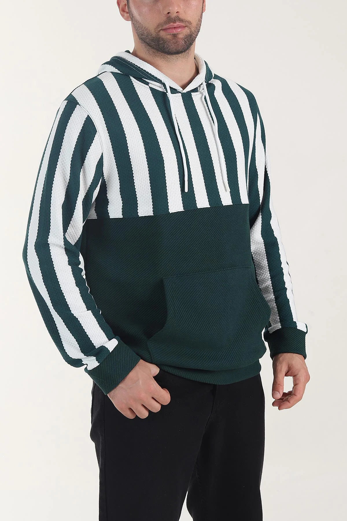 Zümrüt Yeşili Kapüşonlu Şerit Detaylı Erkek Sweatshirt 408062
