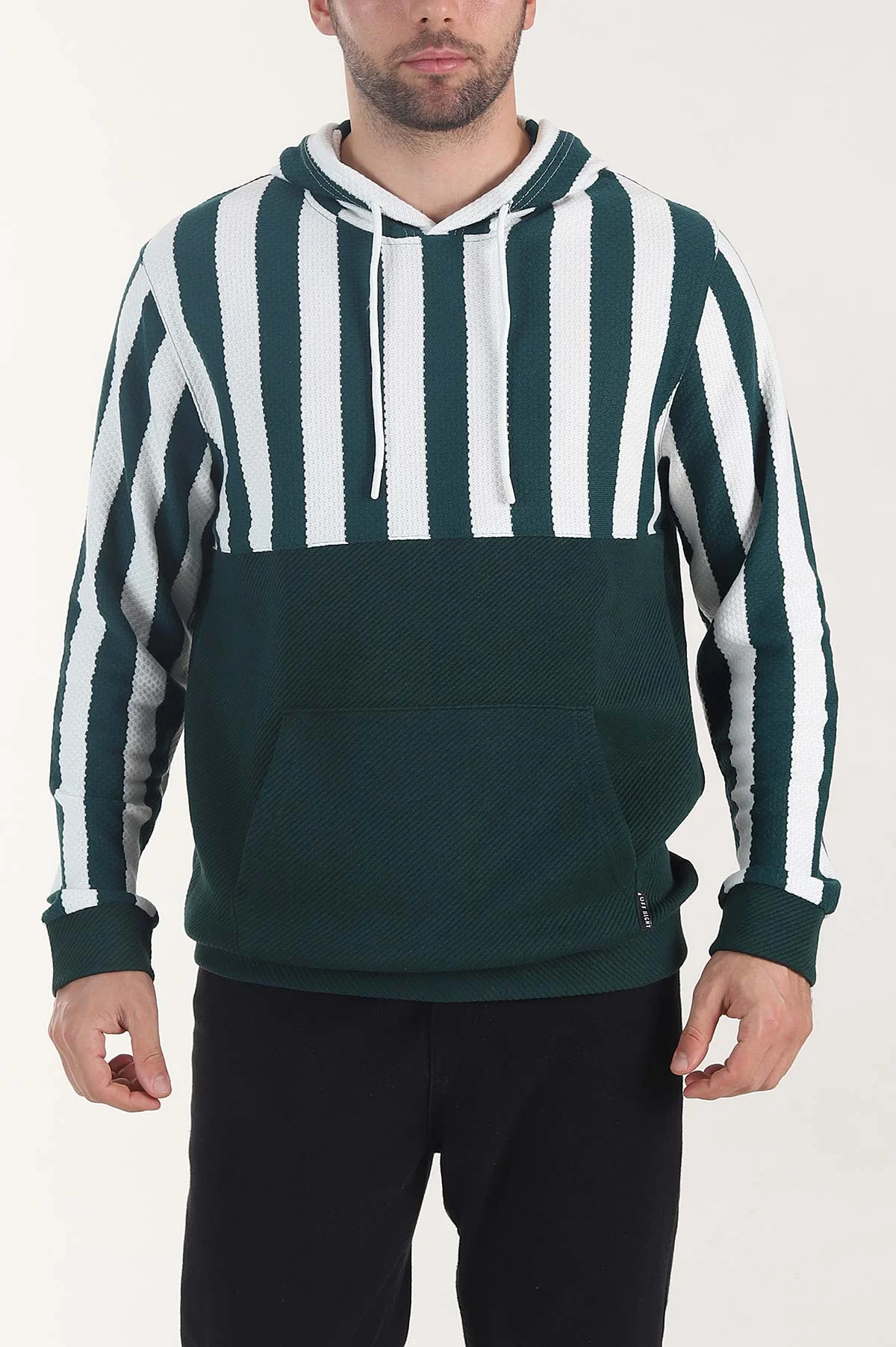 Zümrüt Yeşili Kapüşonlu Şerit Detaylı Erkek Sweatshirt 408062