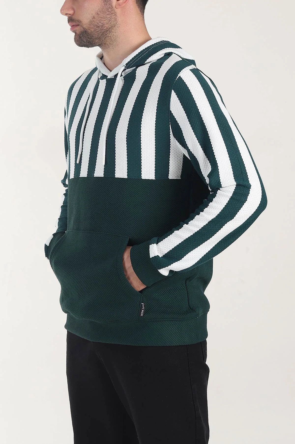 Zümrüt Yeşili Kapüşonlu Şerit Detaylı Erkek Sweatshirt 408062