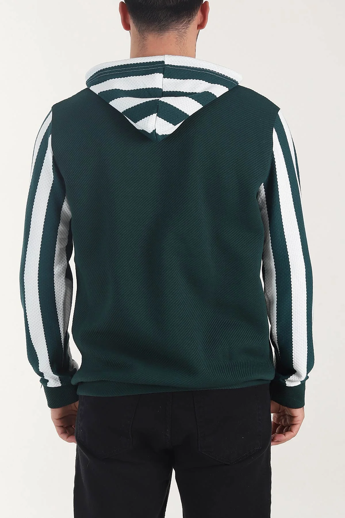 Zümrüt Yeşili Kapüşonlu Şerit Detaylı Erkek Sweatshirt 408062