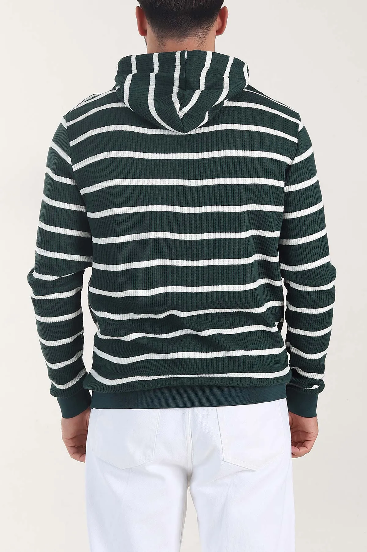 Zümrüt Yeşili Kapüşonlu Yazı Detaylı Çizgili Erkek Sweatshirt 407968