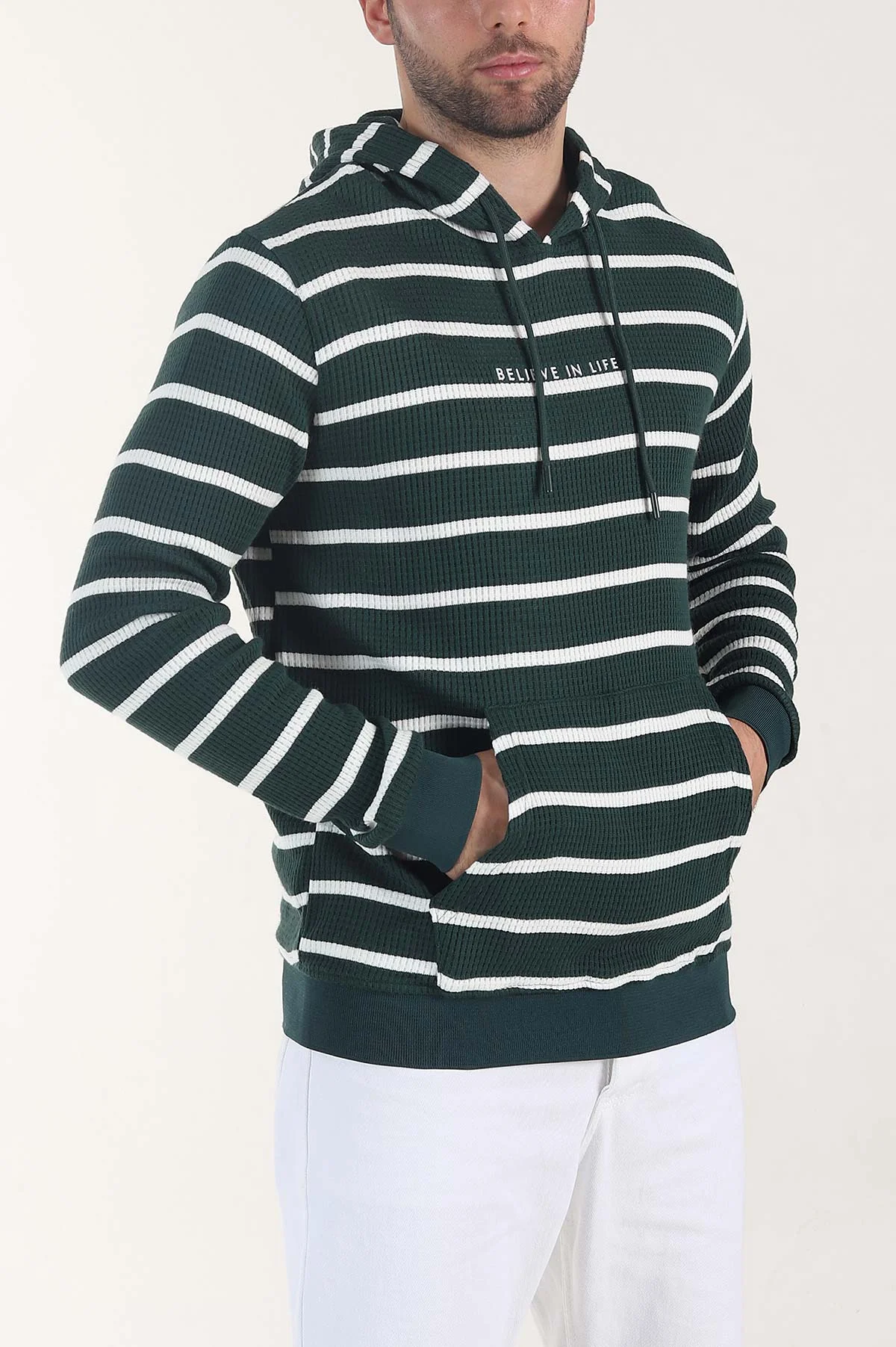 Zümrüt Yeşili Kapüşonlu Yazı Detaylı Çizgili Erkek Sweatshirt 407968