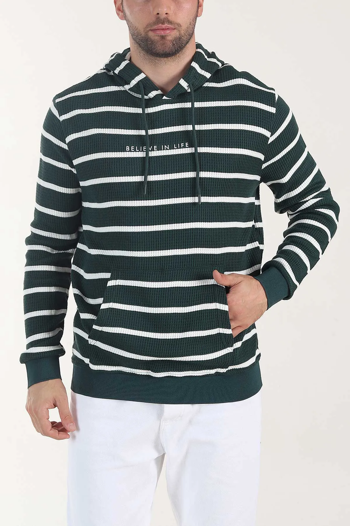 Zümrüt Yeşili Kapüşonlu Yazı Detaylı Çizgili Erkek Sweatshirt 407968