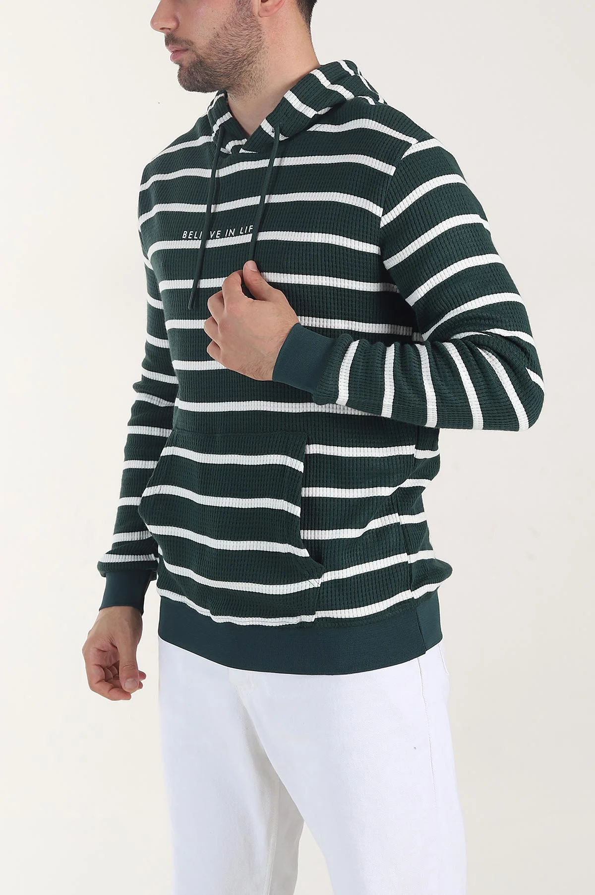 Zümrüt Yeşili Kapüşonlu Yazı Detaylı Çizgili Erkek Sweatshirt 407968