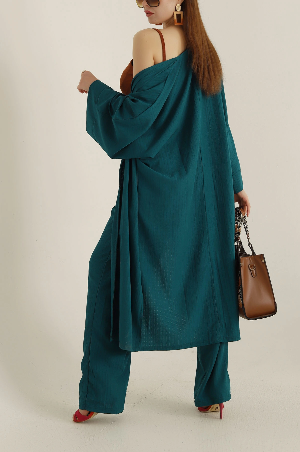 Zümrüt Yeşili Krinkıl Kimono Pantolon İkili Takım 278669