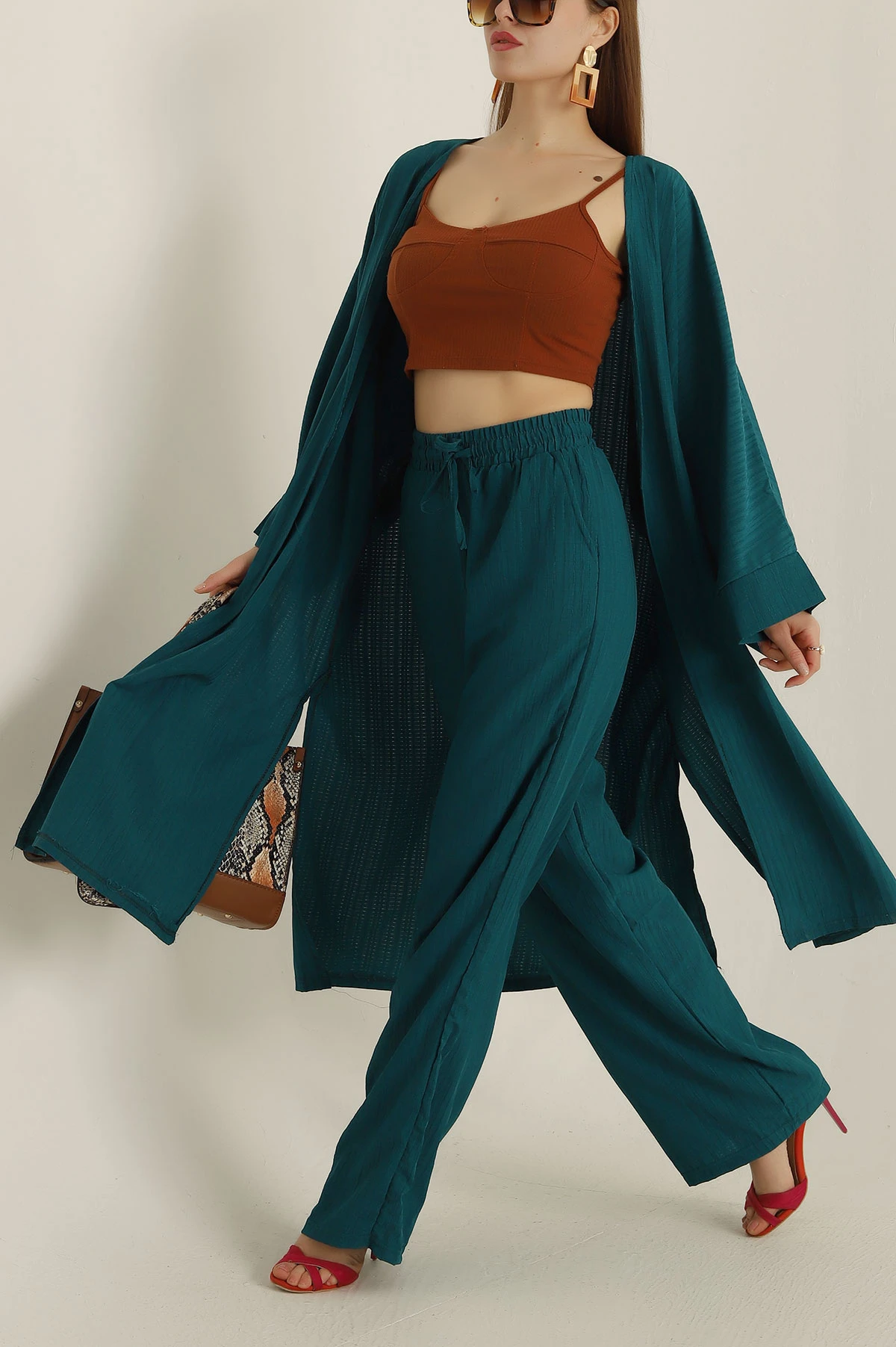 Zümrüt Yeşili Krinkıl Kimono Pantolon İkili Takım 278669