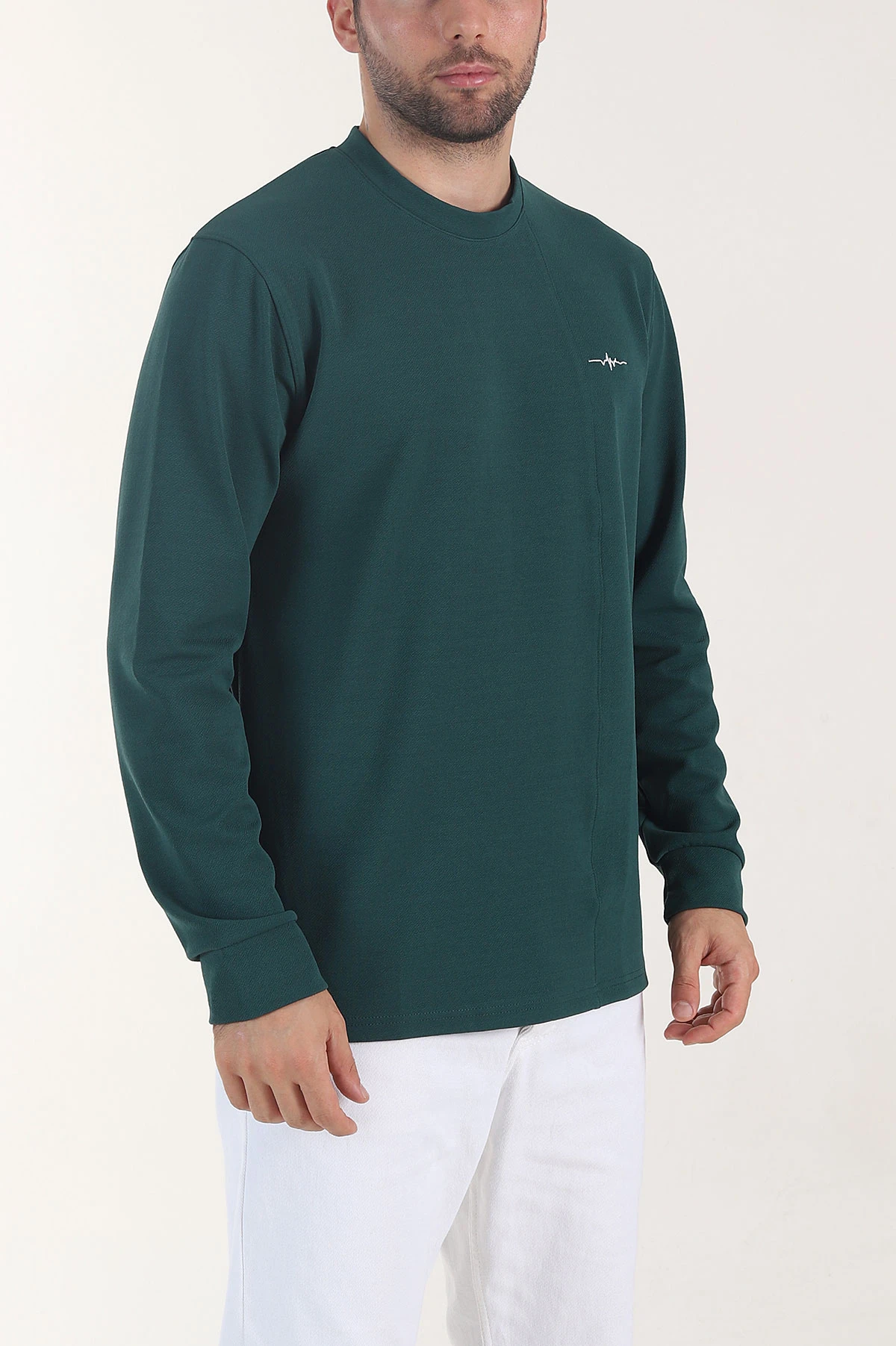 Zümrüt Yeşili Nakış Detaylı Bisiklet Yaka Erkek Sweatshirt 408005