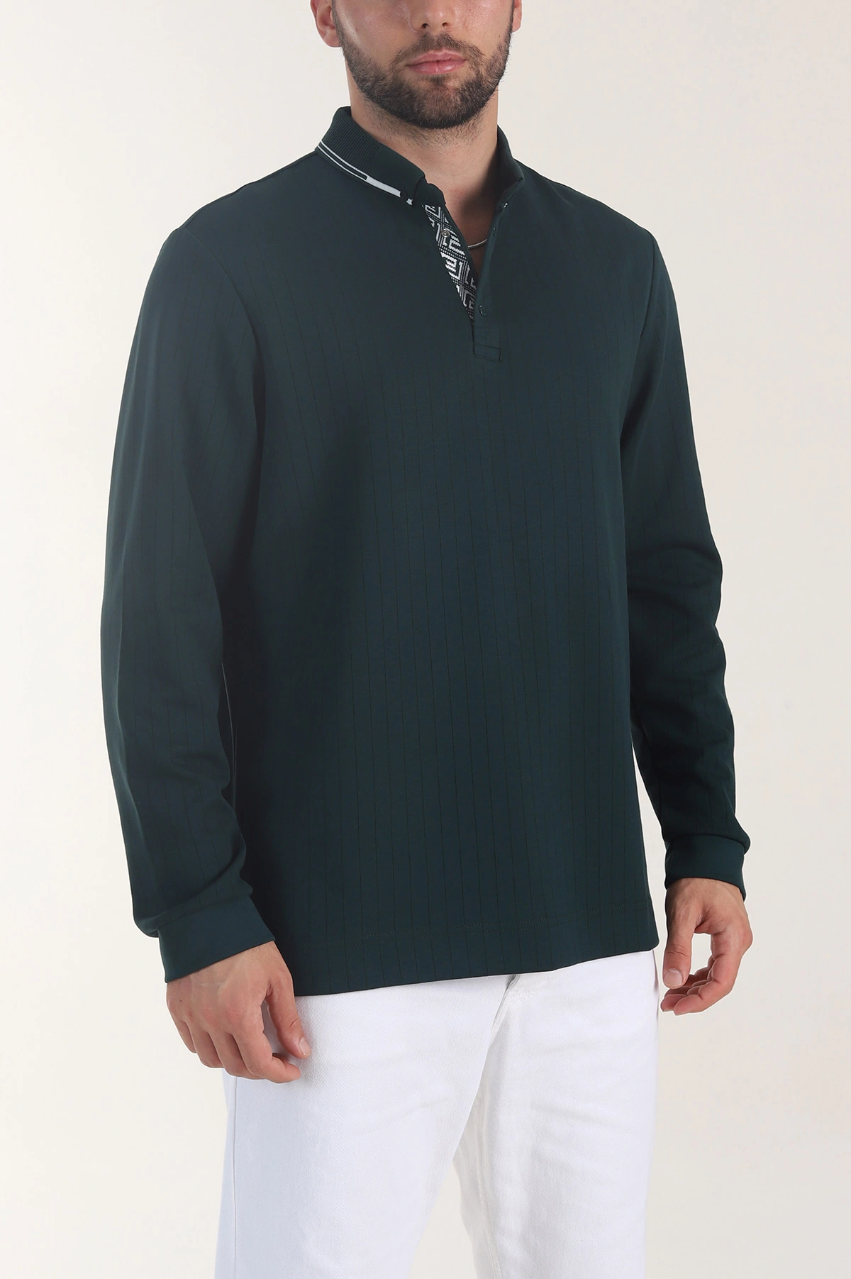 Zümrüt Yeşili Osyho Kumaş Çizgili Polo Yaka Erkek Sweatshirt 406057
