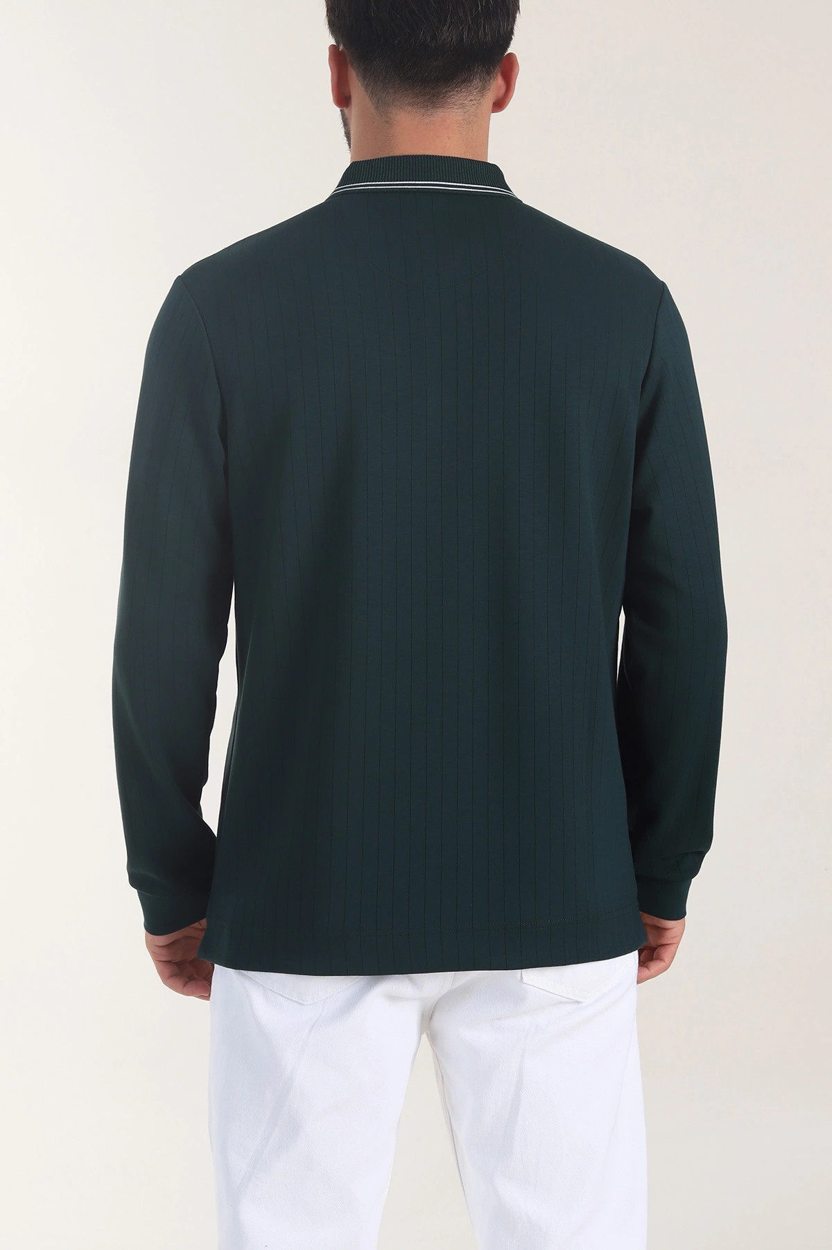 Zümrüt Yeşili Osyho Kumaş Çizgili Polo Yaka Erkek Sweatshirt 406057