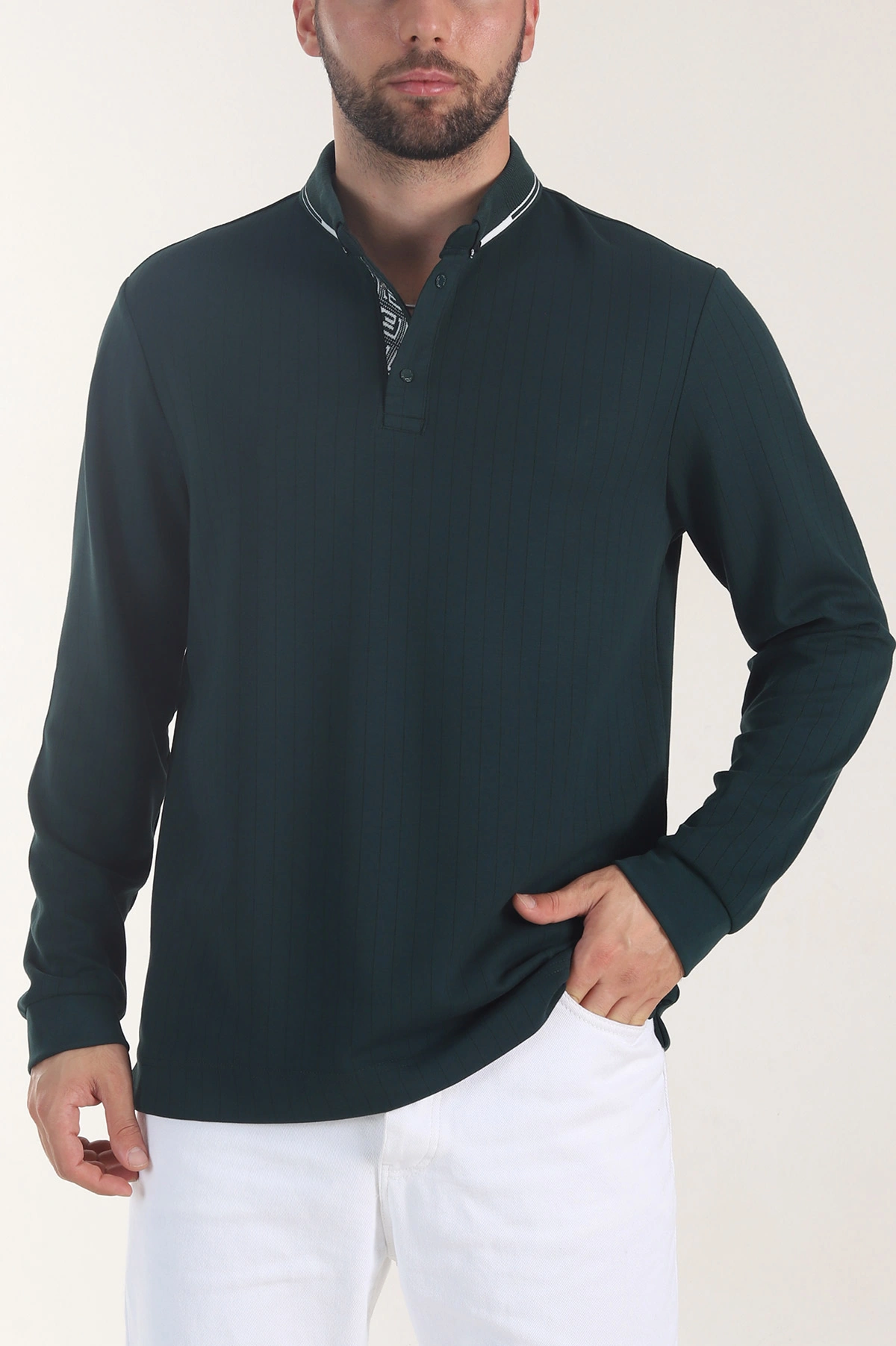 Zümrüt Yeşili Osyho Kumaş Çizgili Polo Yaka Erkek Sweatshirt 406057