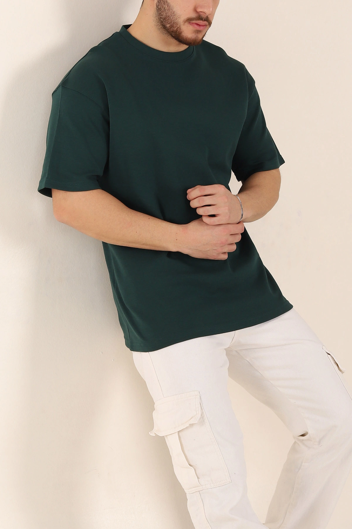Zümrüt Yeşili Oversize Double Face Kumaş Basic Erkek Tişört 340524
