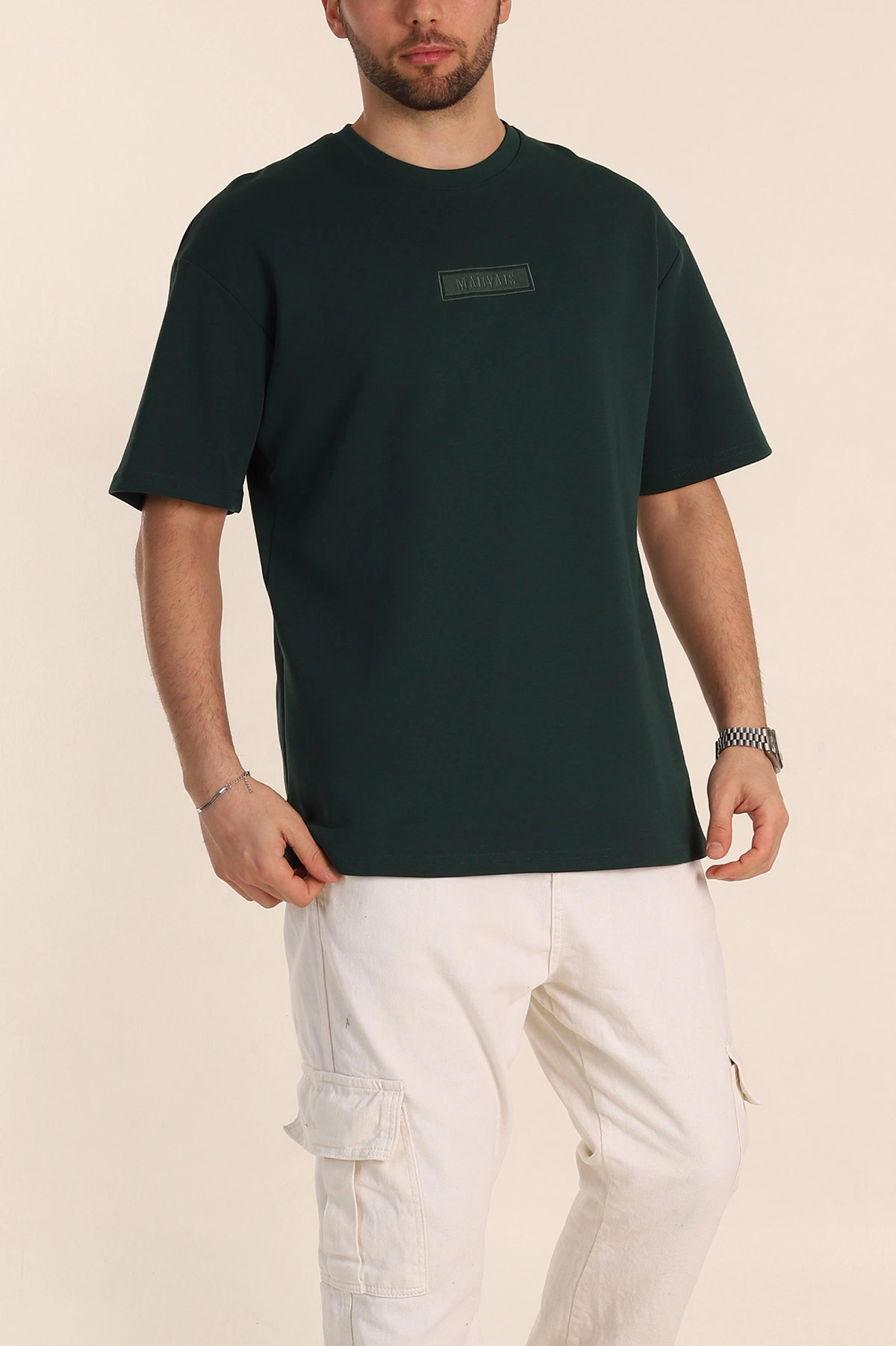 Zümrüt Yeşili Oversize Duble Kumaş Nakış Detaylı Erkek Tişört 345720
