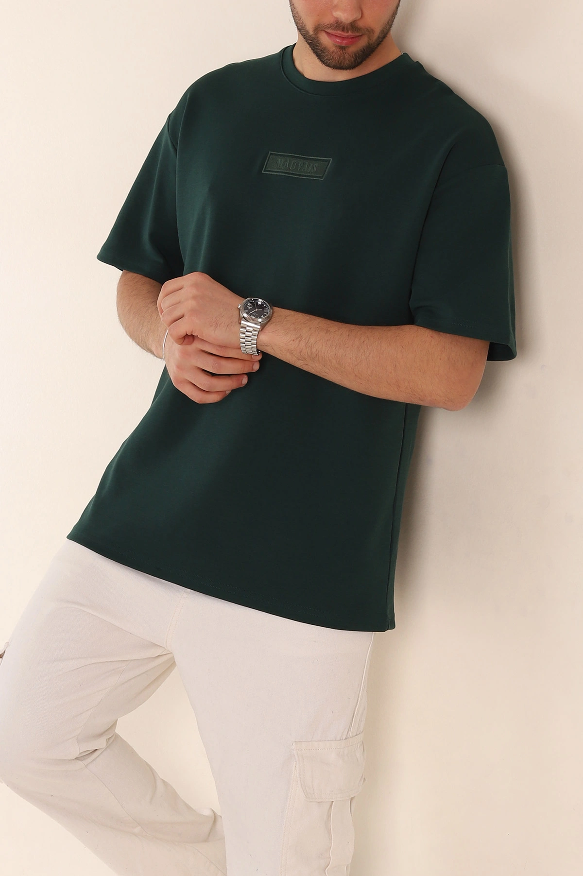 Zümrüt Yeşili Oversize Duble Kumaş Nakış Detaylı Erkek Tişört 345720