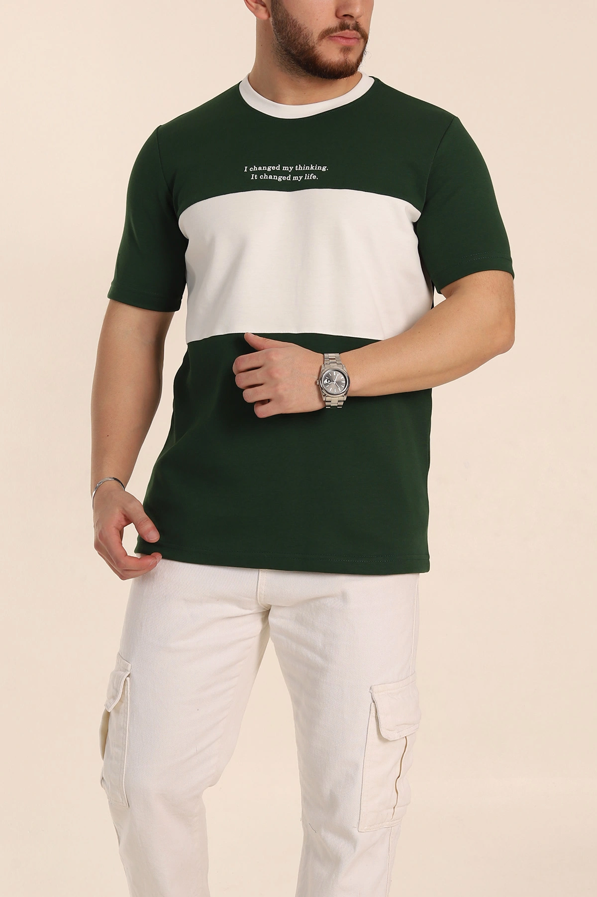 Zümrüt Yeşili Oversize İnterlok Kumaş Kabartma Yazı Detaylı Erkek Tişört 353348