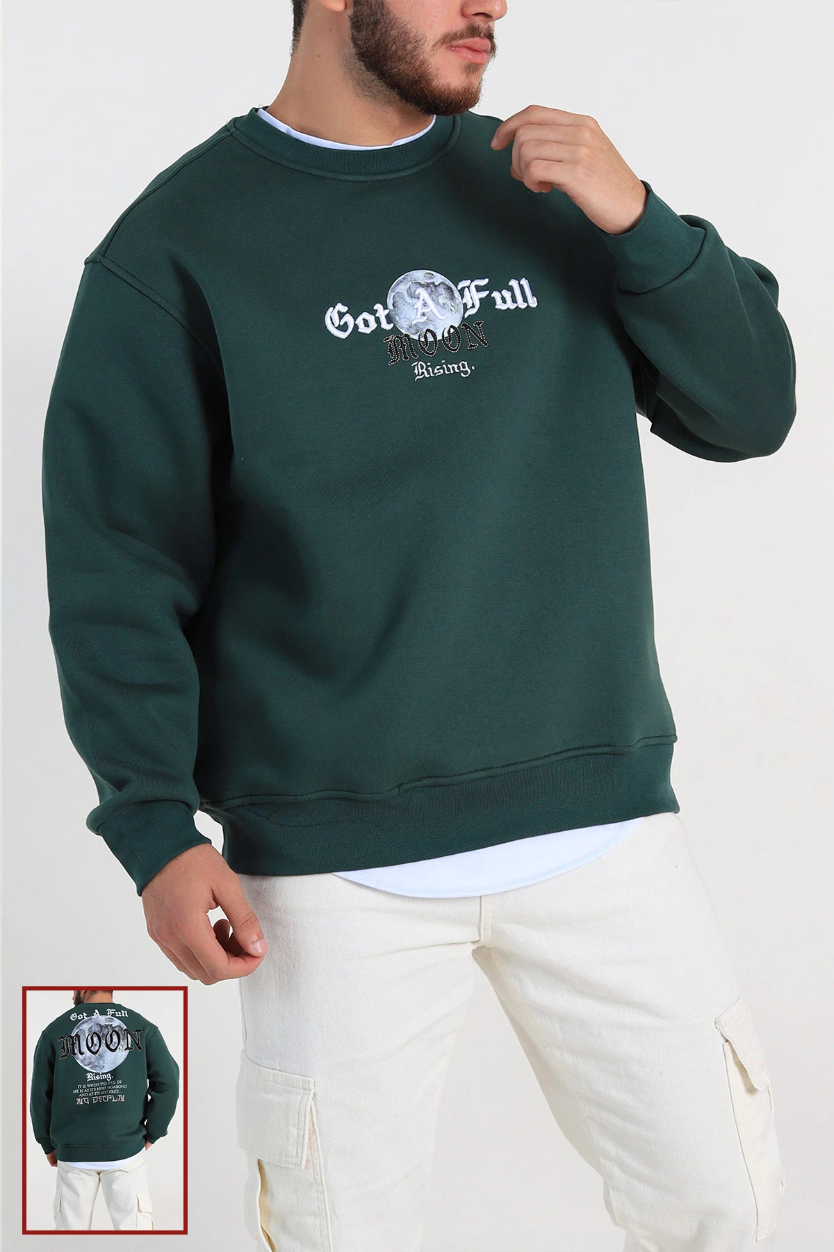 Zümrüt Yeşili Oversize Sırt Nakış Detaylı Baskılı Erkek Sweatshirt 308134