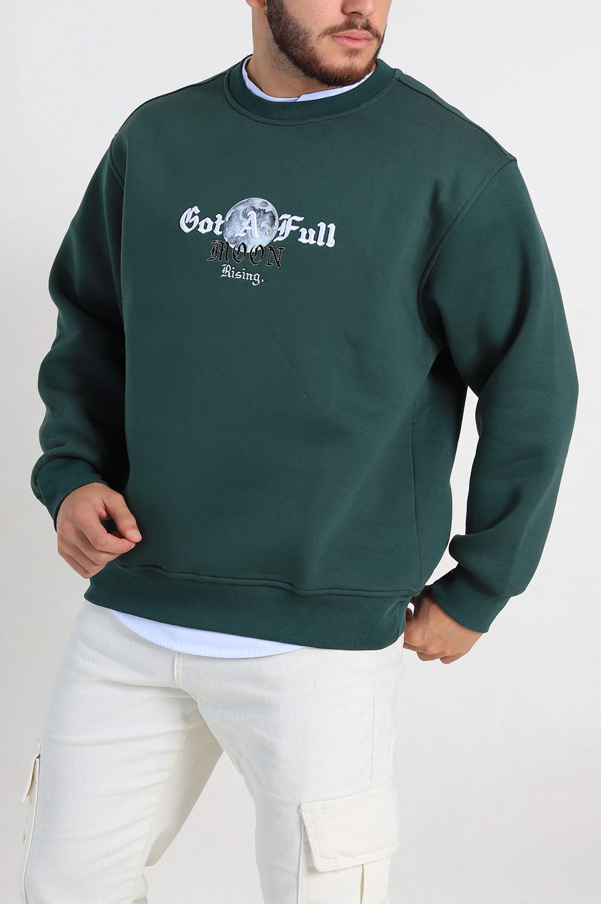Zümrüt Yeşili Oversize Sırt Nakış Detaylı Baskılı Erkek Sweatshirt 308134