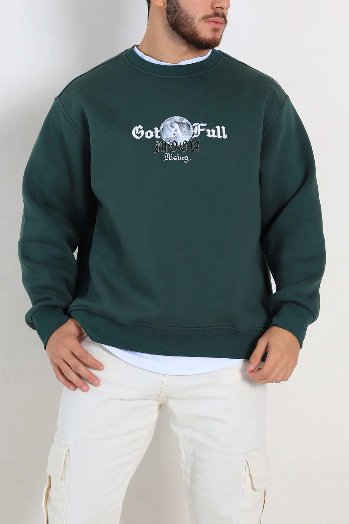Zümrüt Yeşili Oversize Sırt Nakış Detaylı Baskılı Erkek Sweatshirt 308134