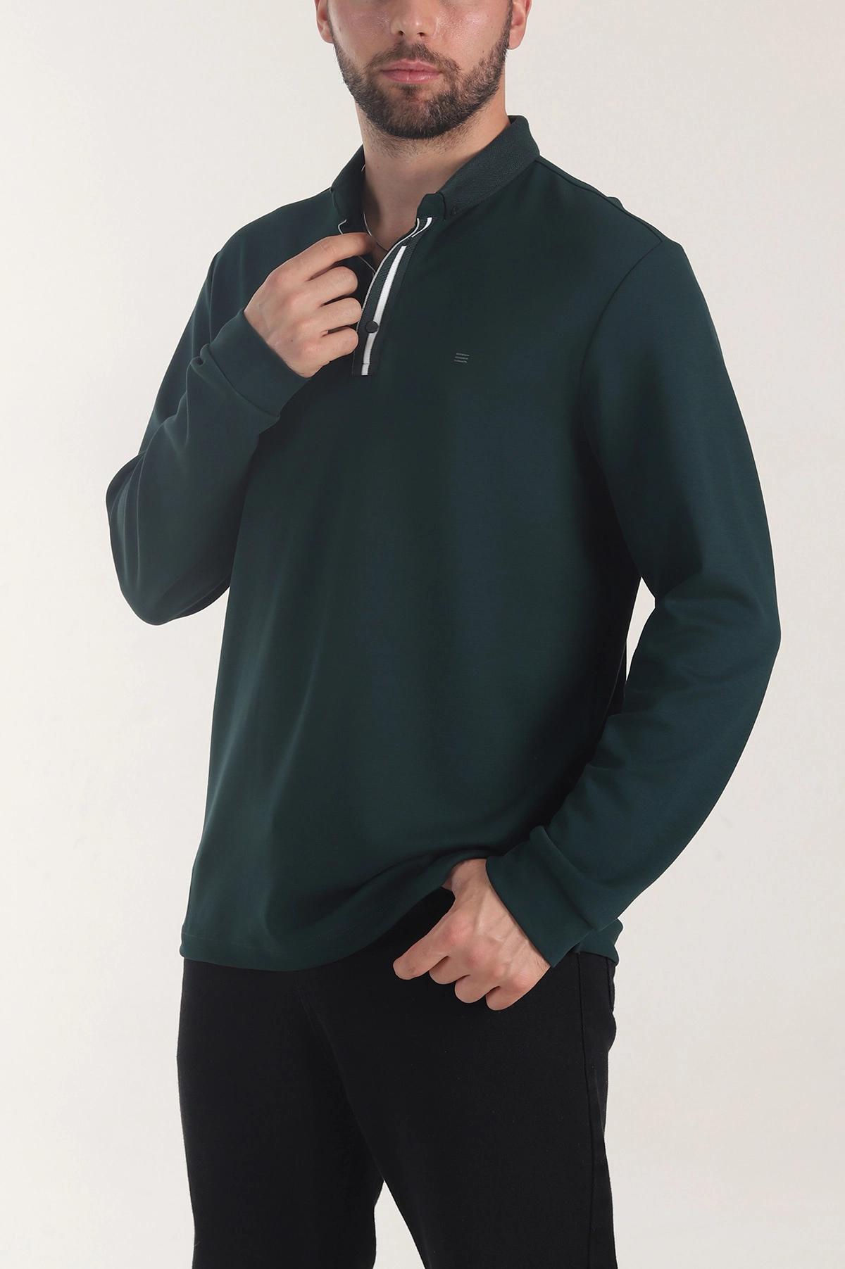 Zümrüt Yeşili Oysho Kumaş Düğmeli Polo Yaka Erkek Sweatshirt 406020