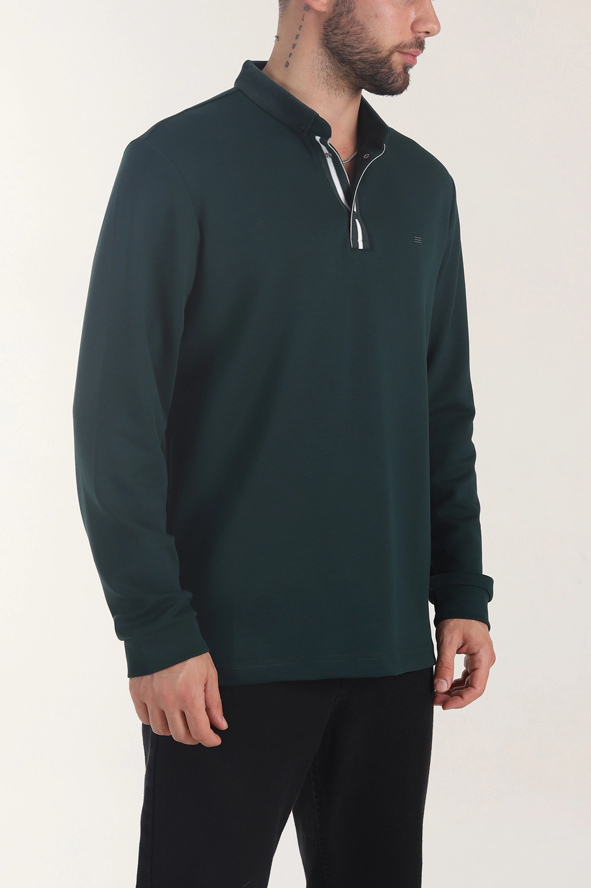 Zümrüt Yeşili Oysho Kumaş Düğmeli Polo Yaka Erkek Sweatshirt 406020