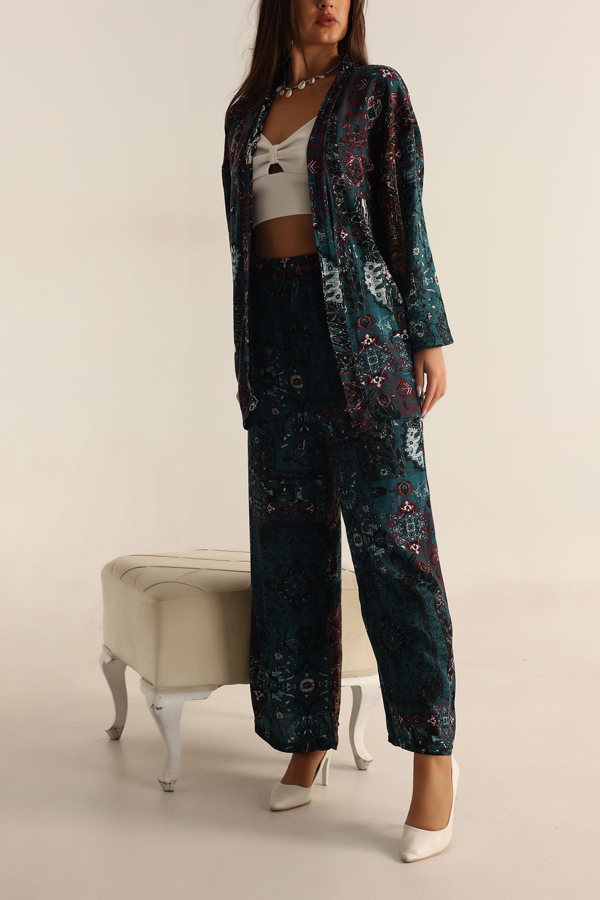 Zümrüt Yeşili Pantolon Kimono Dokuma İkili Takım 196945