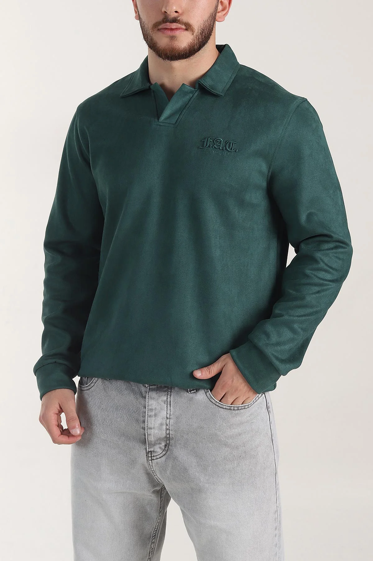 Zümrüt Yeşili Polo Yaka Düğmeli Nakış Detaylı Erkek Sweatshirt 404860