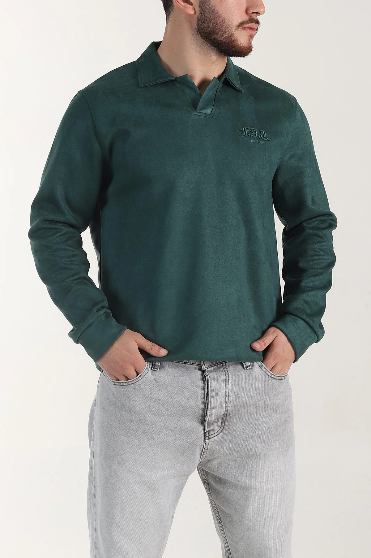 Zümrüt Yeşili Polo Yaka Düğmeli Nakış Detaylı Erkek Sweatshirt 404860