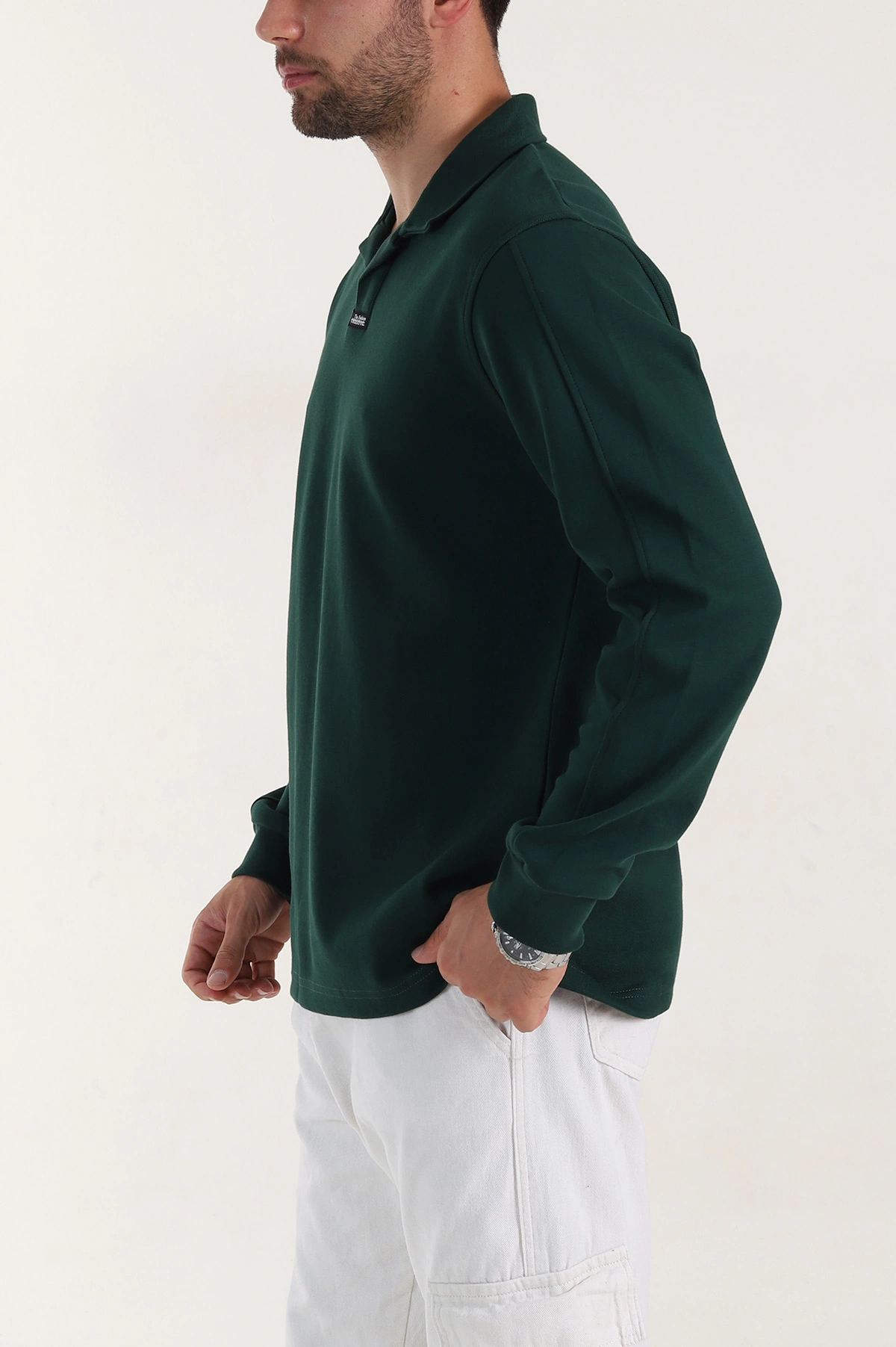 Zümrüt Yeşili Polo Yaka Uzun Kollu Erkek Sweatshirt 397134