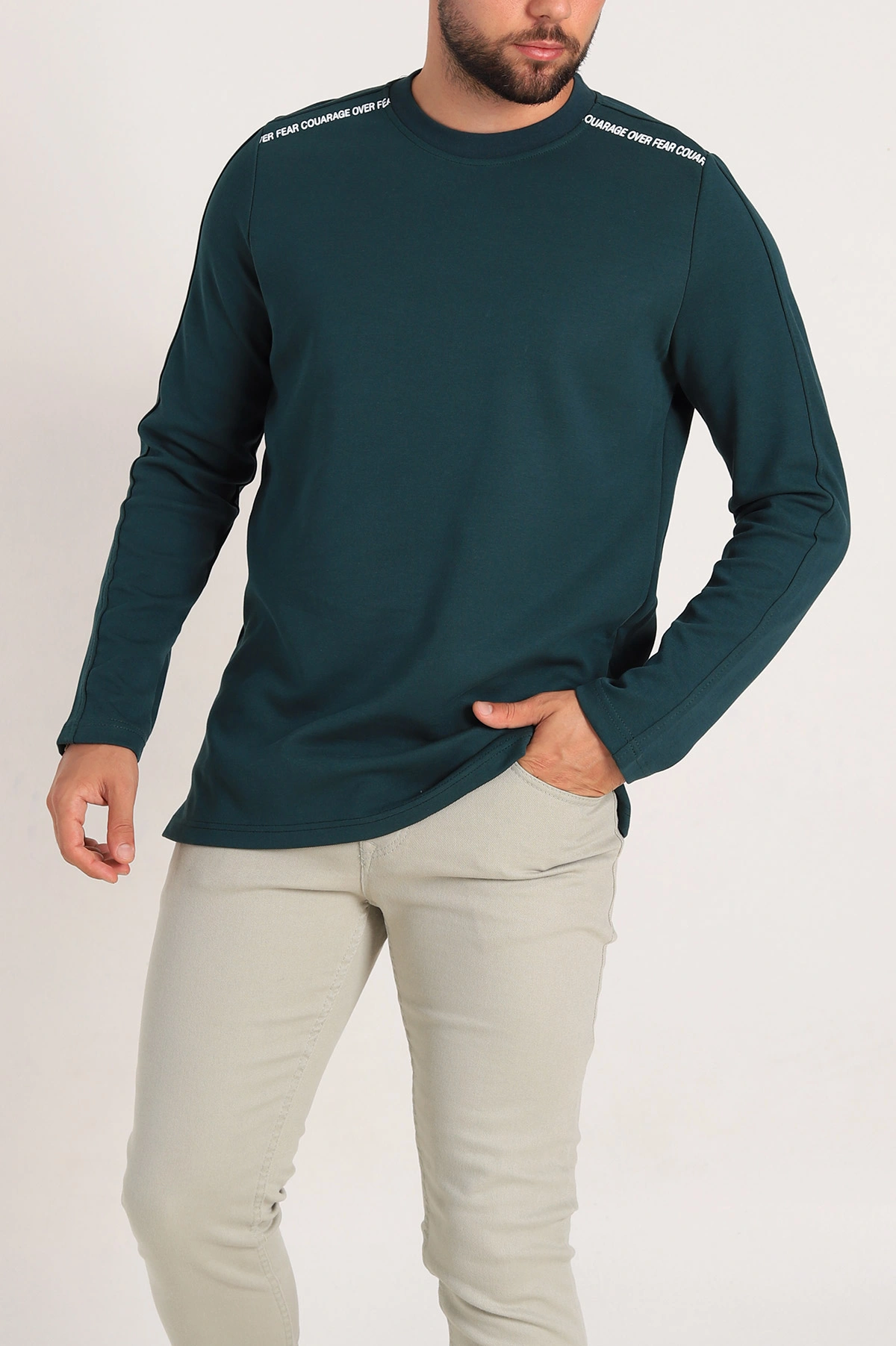 Zümrüt Yeşili Regular Fit Baskı Detay Erkek Basic Sweatshirt 305711