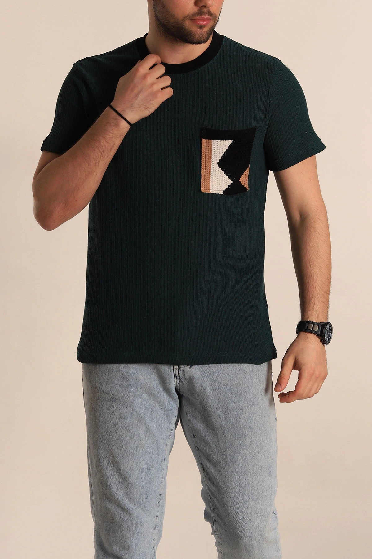 Zümrüt Yeşili Regular Fit Cep Detaylı Triko Örme Erkek Tişört 268379