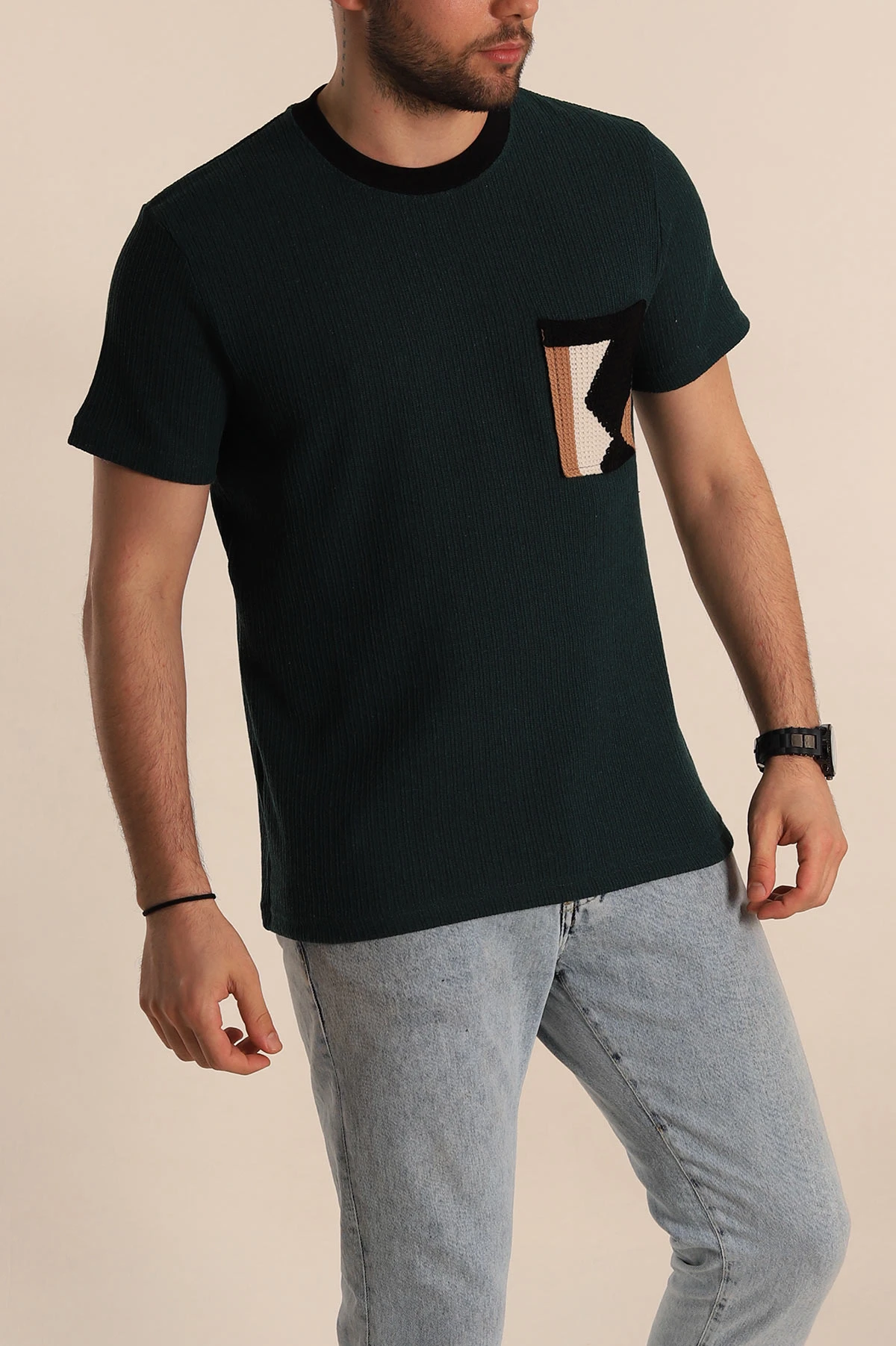 Zümrüt Yeşili Regular Fit Cep Detaylı Triko Örme Erkek Tişört 268379